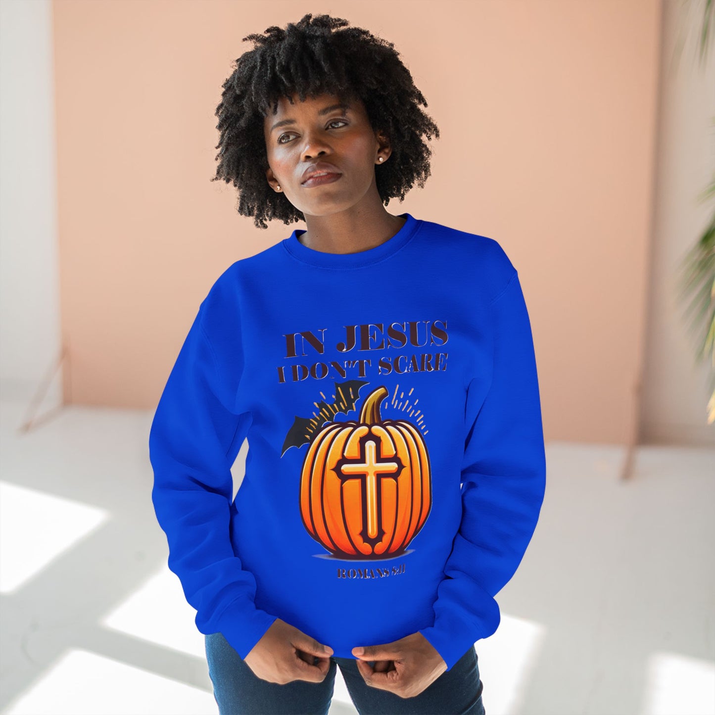 Christian Unisex Crewneck Sweatshirt with Bible Verse Romans 8:11 'IN JESUS I DON'T SCARE'