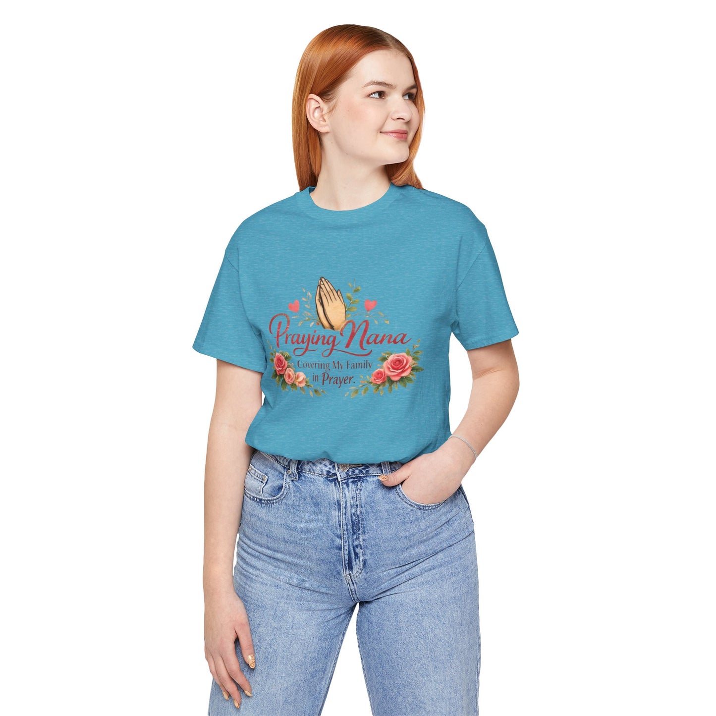 Praying Nana T-Shirt – Floral Praying Hands "Covering My Family in Prayer" Grandma Gift