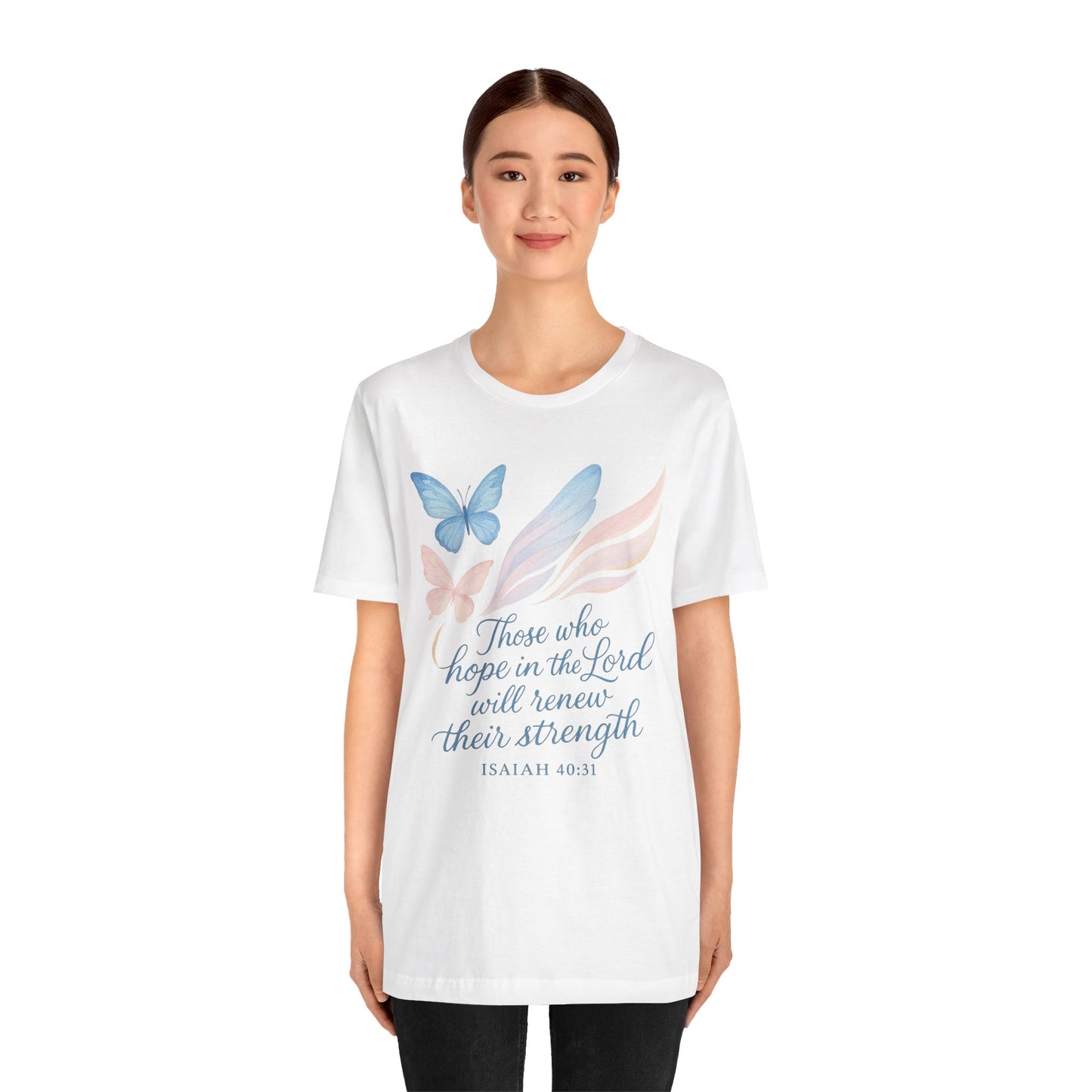 Inspirational Scripture T-Shirt – "Those Who Hope in the Lord" Isaiah 40:31, Pastel Butterflies