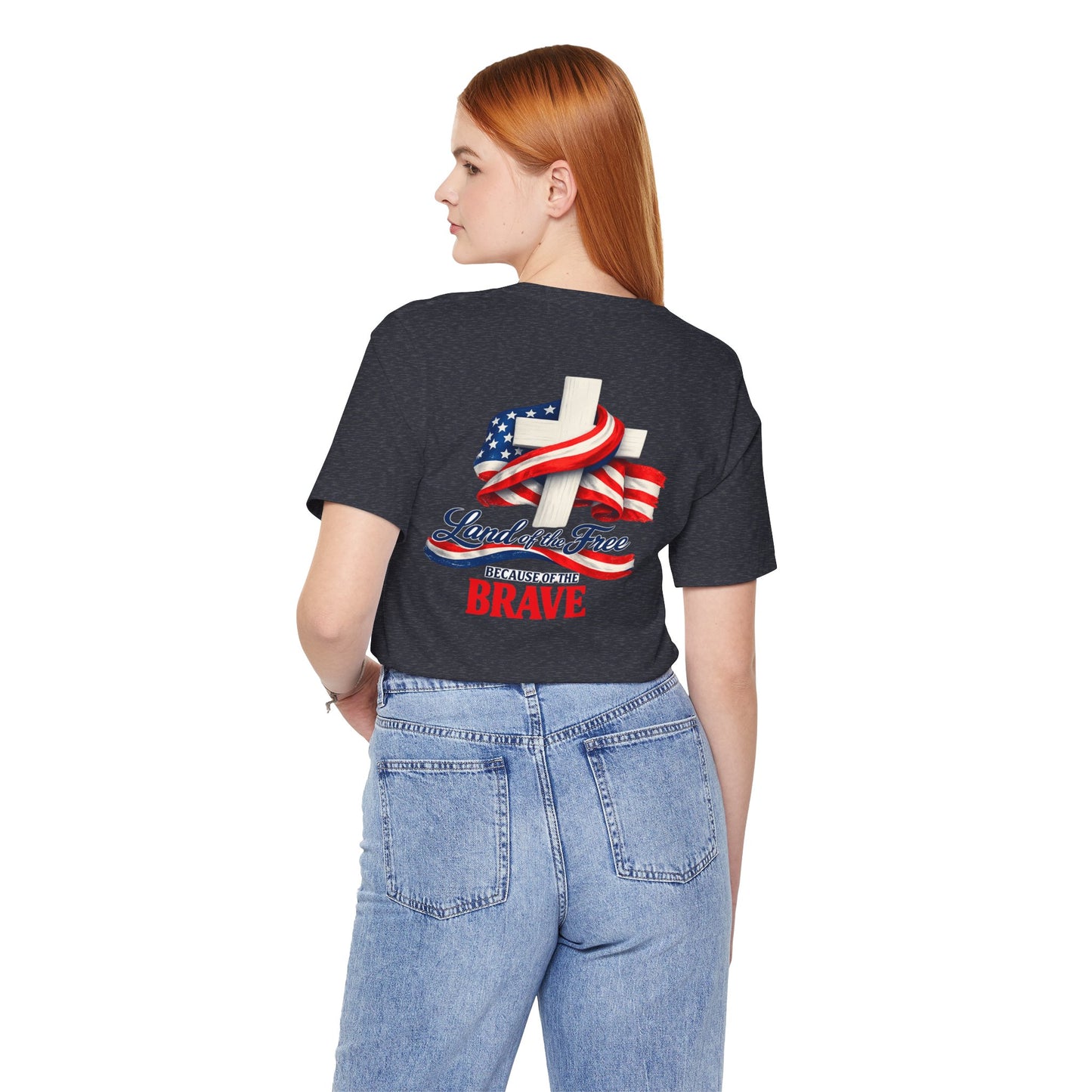 Land of the Free Because of the Brave Tee - Patriotic American Flag Cross T-Shirt