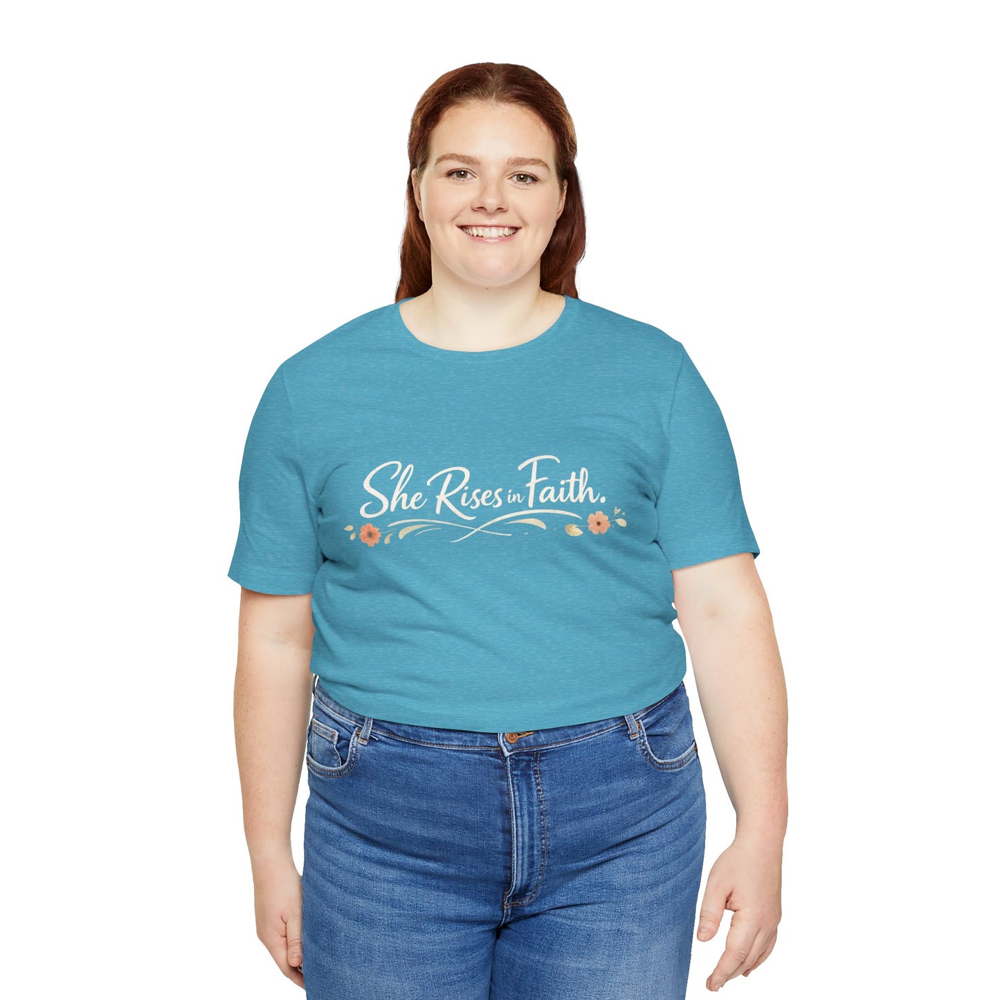 "She Rises In Faith" Chest Tee – Delicate Peach Blossom Graphic