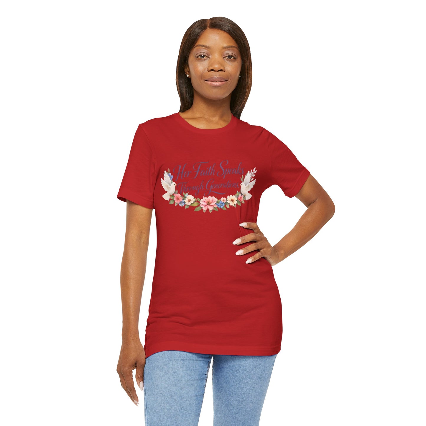 Her Faith Speaks Through Generations T-Shirt — Floral Inspirational Christian Tee