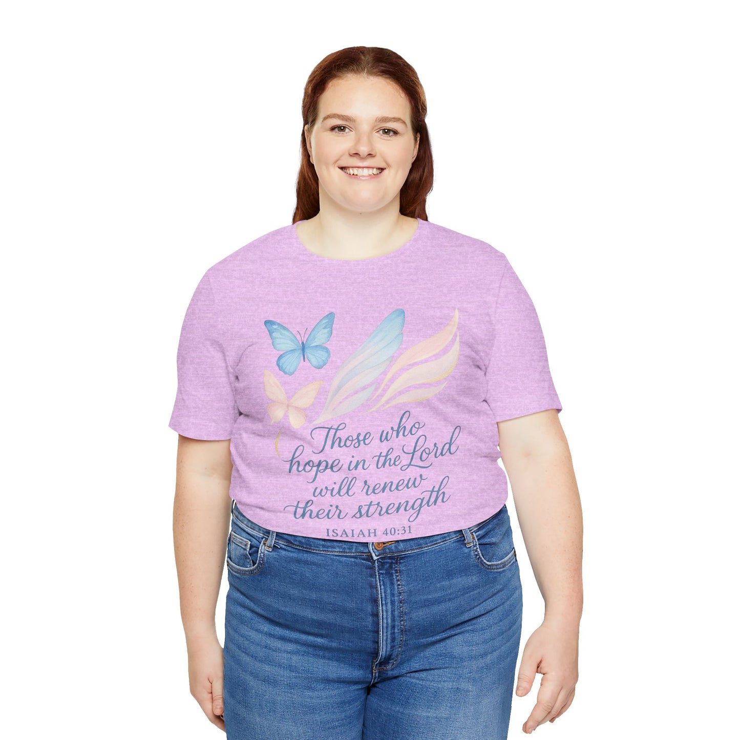 Inspirational Scripture T-Shirt – "Those Who Hope in the Lord" Isaiah 40:31, Pastel Butterflies