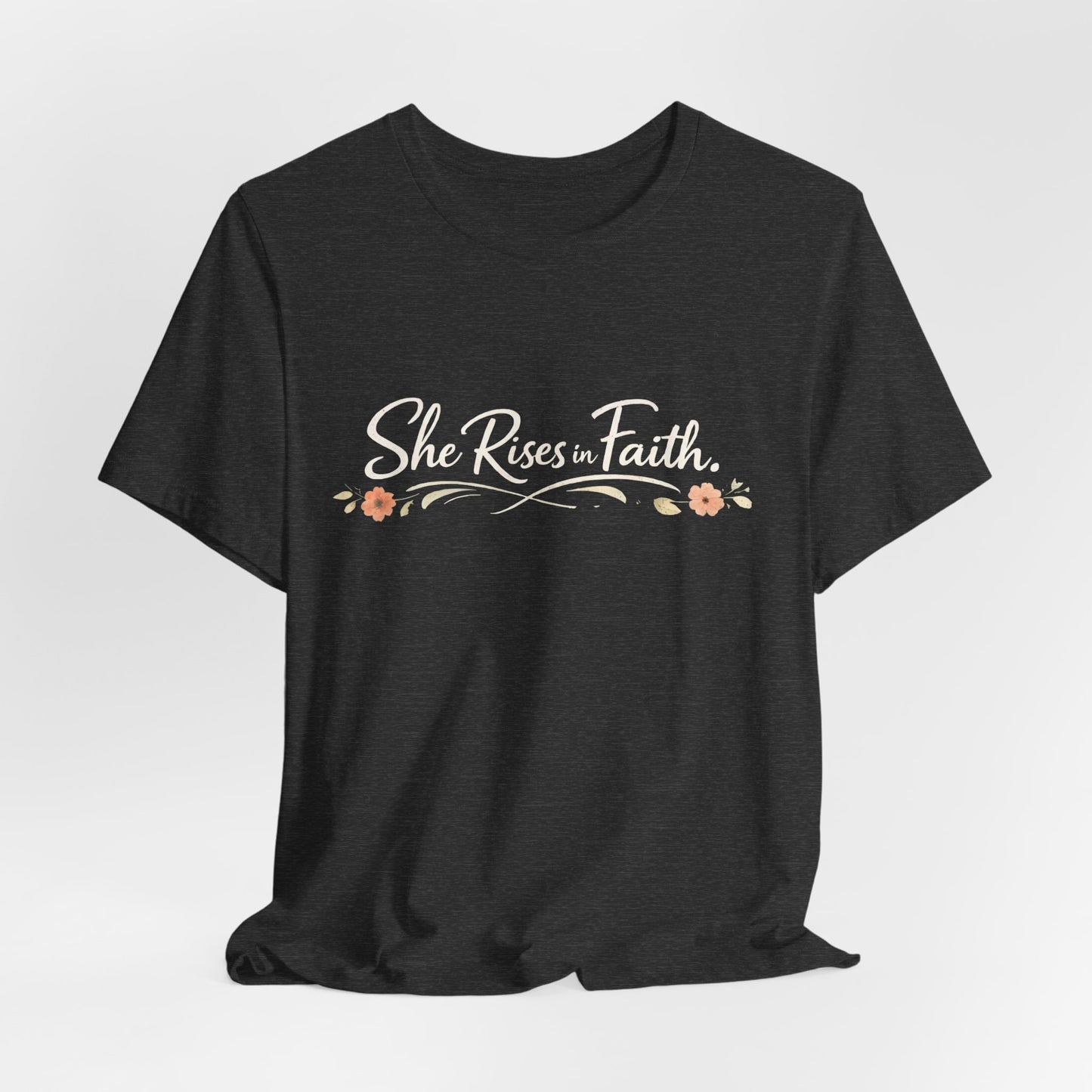 "She Rises In Faith" Chest Tee – Delicate Peach Blossom Graphic
