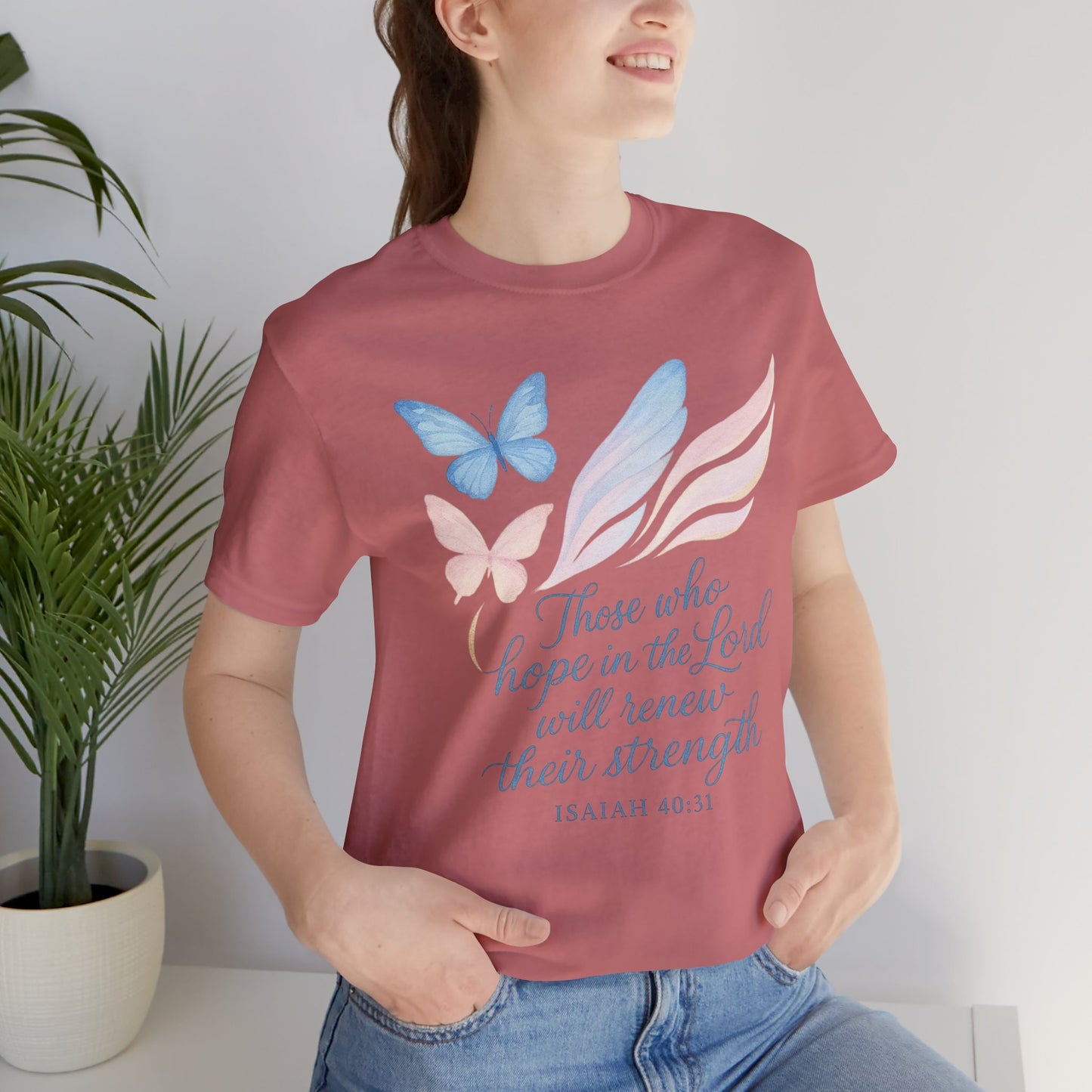 Inspirational Scripture T-Shirt – "Those Who Hope in the Lord" Isaiah 40:31, Pastel Butterflies