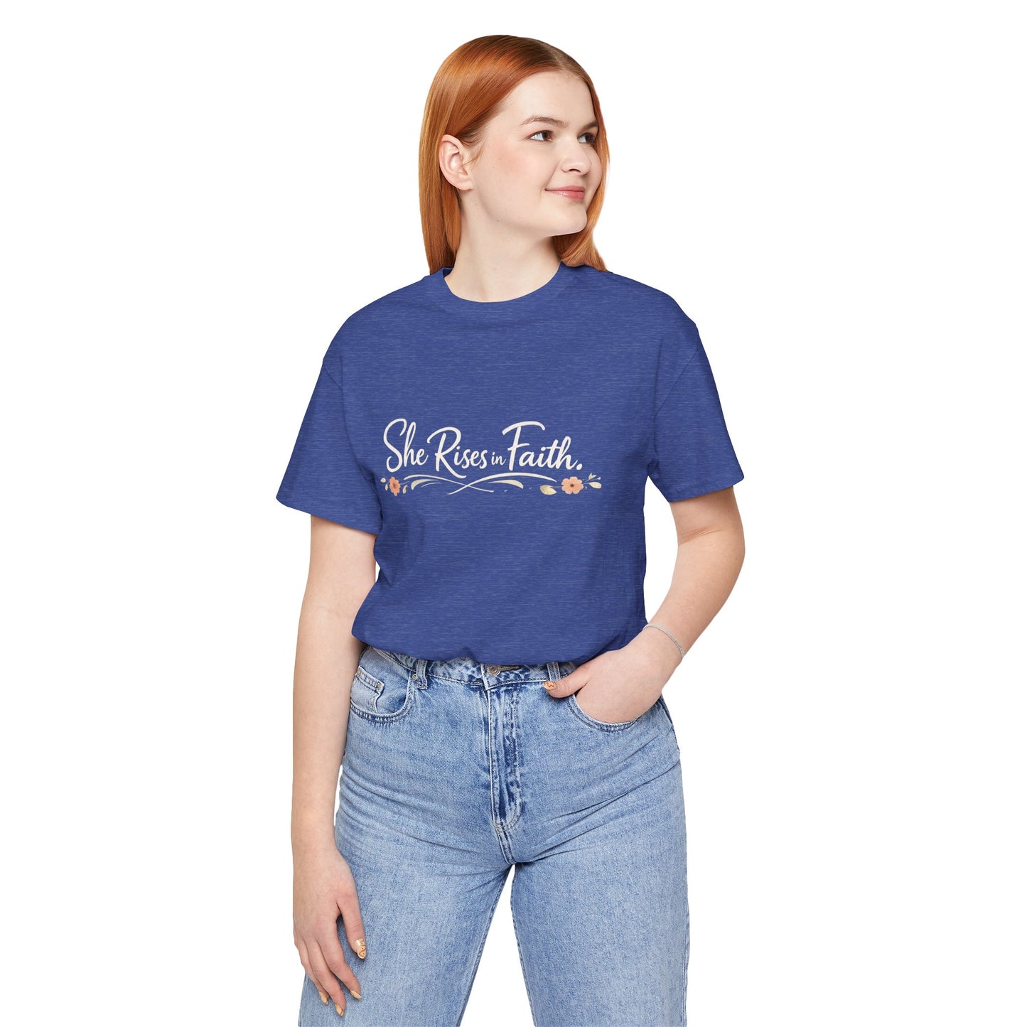 "She Rises In Faith" Chest Tee – Delicate Peach Blossom Graphic