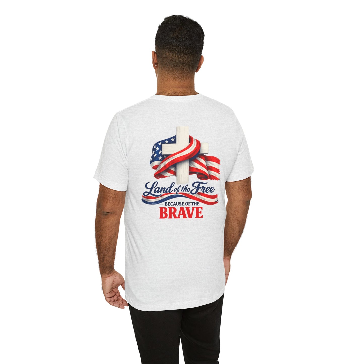 Land of the Free Because of the Brave Tee - Patriotic American Flag Cross T-Shirt