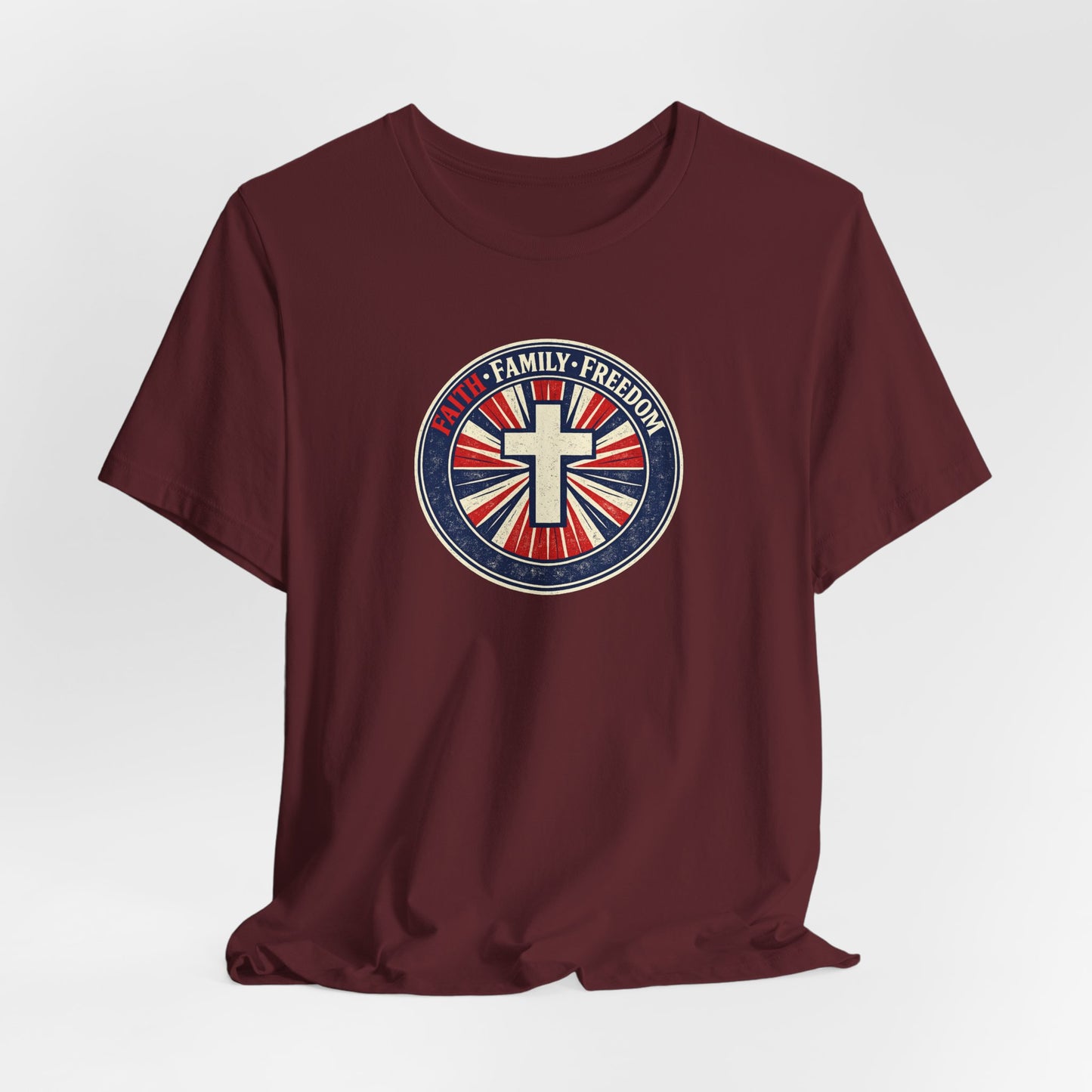 Faith Family Freedom T‑Shirt — Cross Emblem Patriotic Graphic Tee