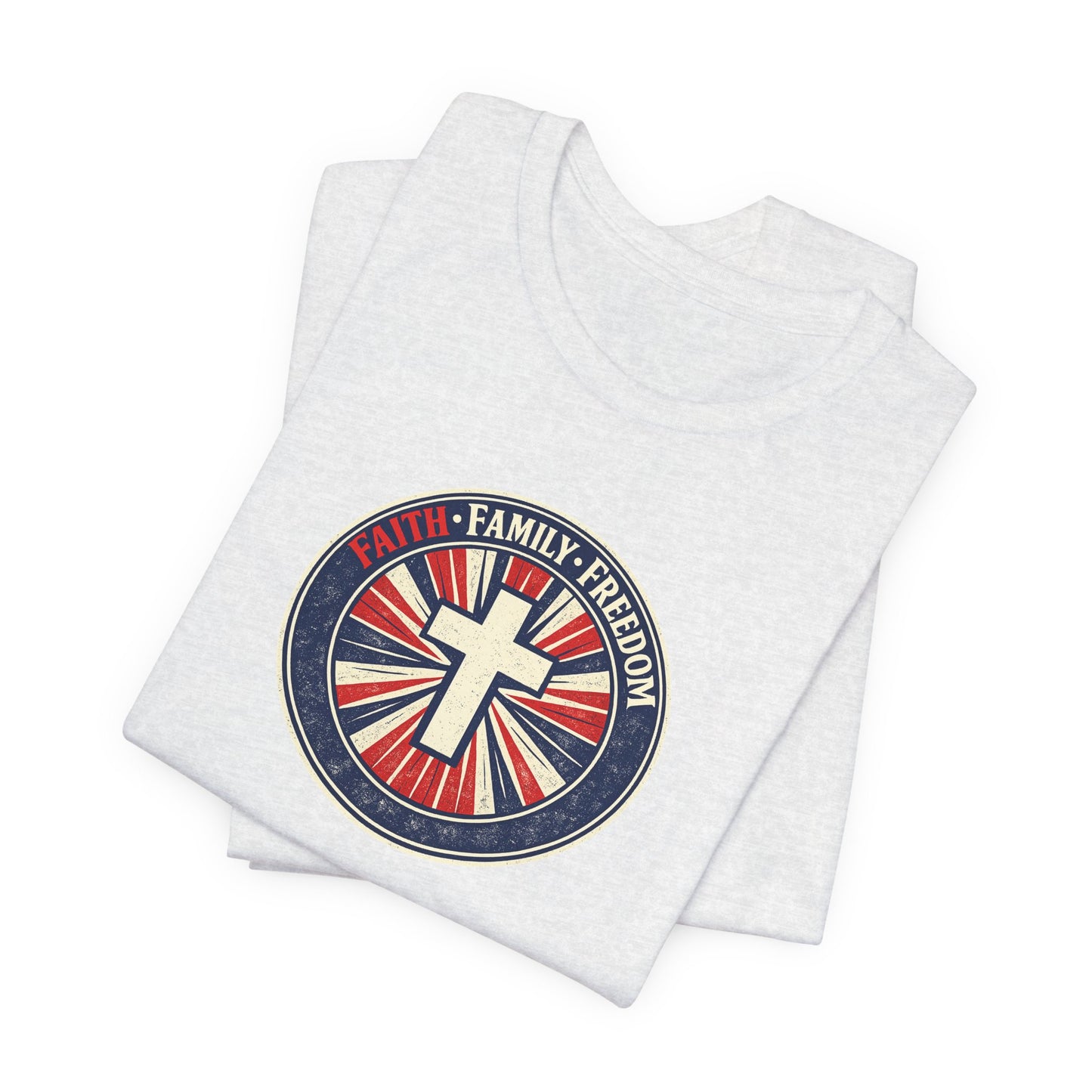 Faith Family Freedom T‑Shirt — Cross Emblem Patriotic Graphic Tee
