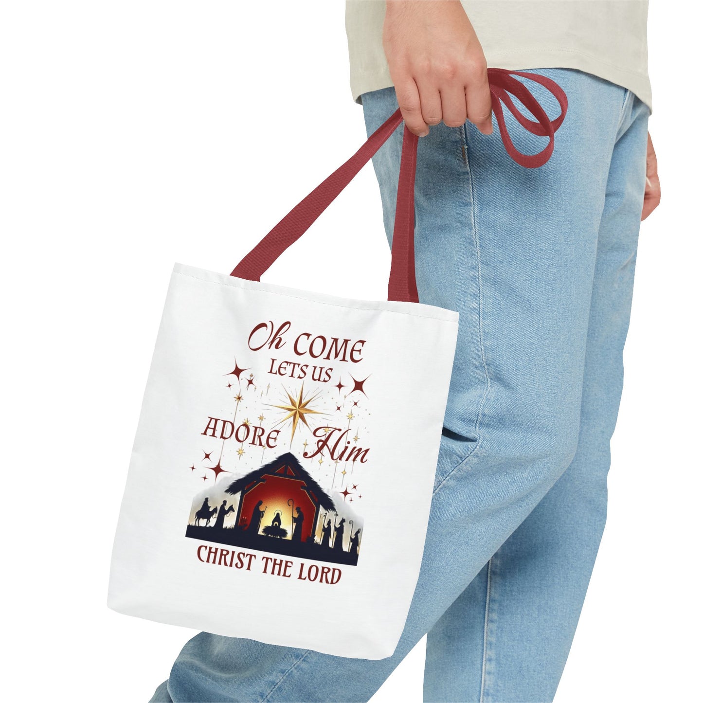 Nativity Scene Tote Bag with 'Oh come let us adore Him, Christ the Lord' Phrase