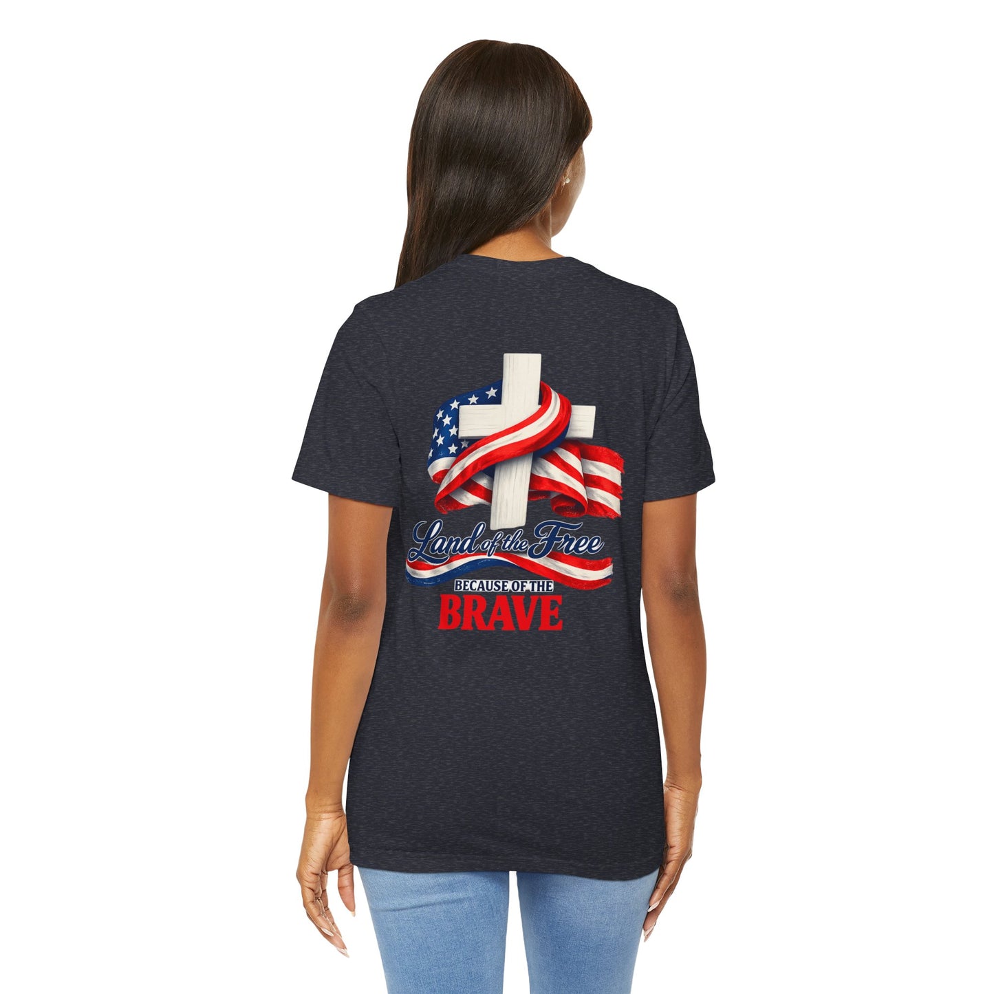 Land of the Free Because of the Brave Tee - Patriotic American Flag Cross T-Shirt