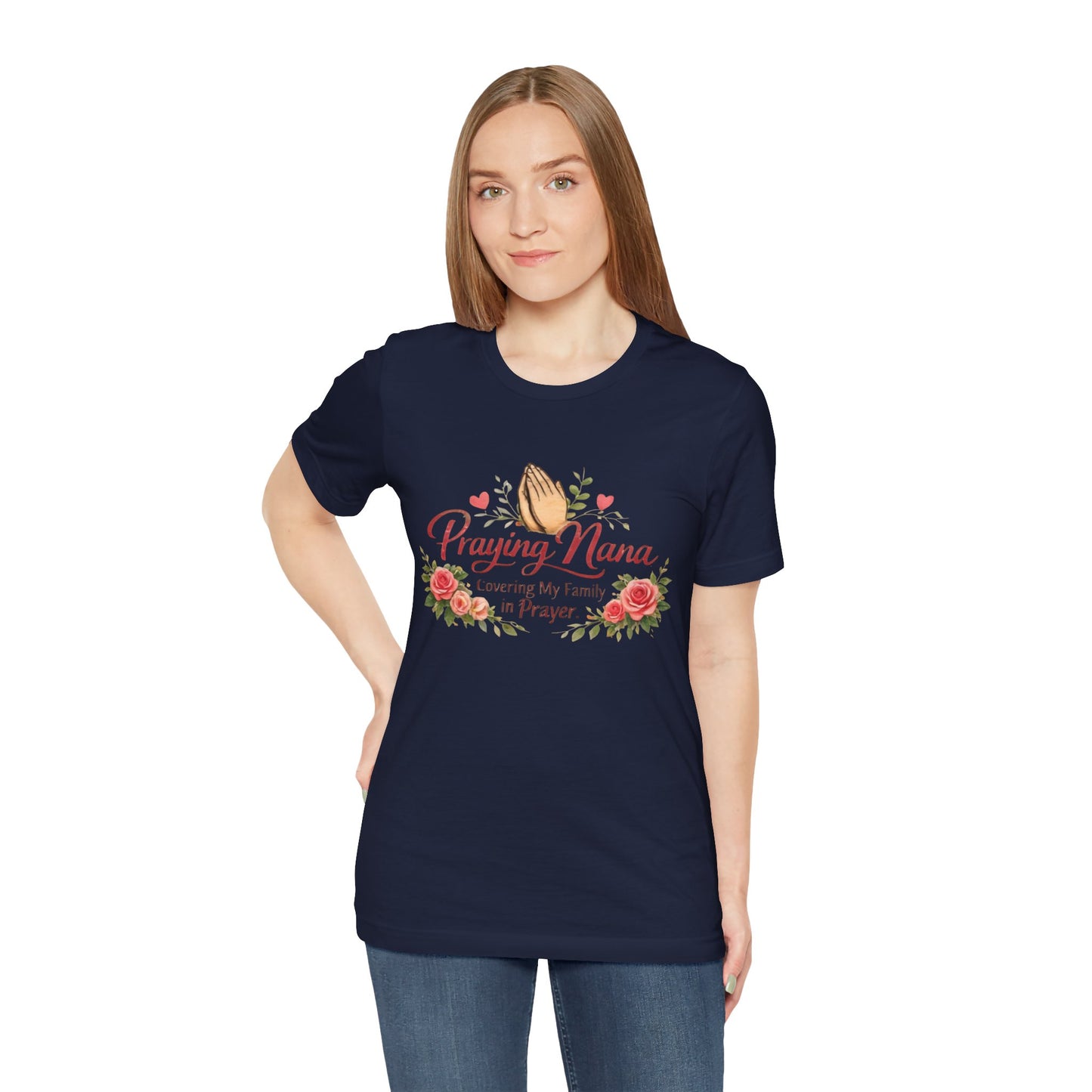 Praying Nana T-Shirt – Floral Praying Hands "Covering My Family in Prayer" Grandma Gift