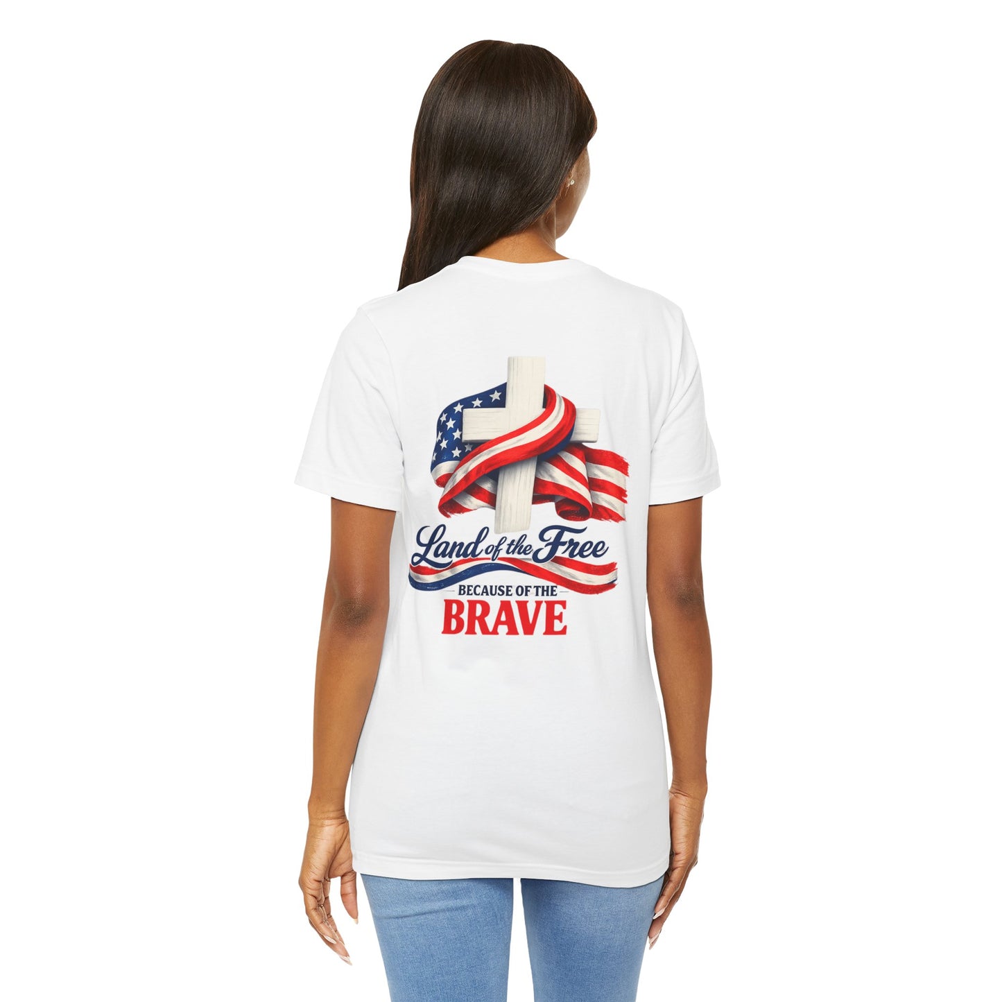 Land of the Free Because of the Brave Tee - Patriotic American Flag Cross T-Shirt