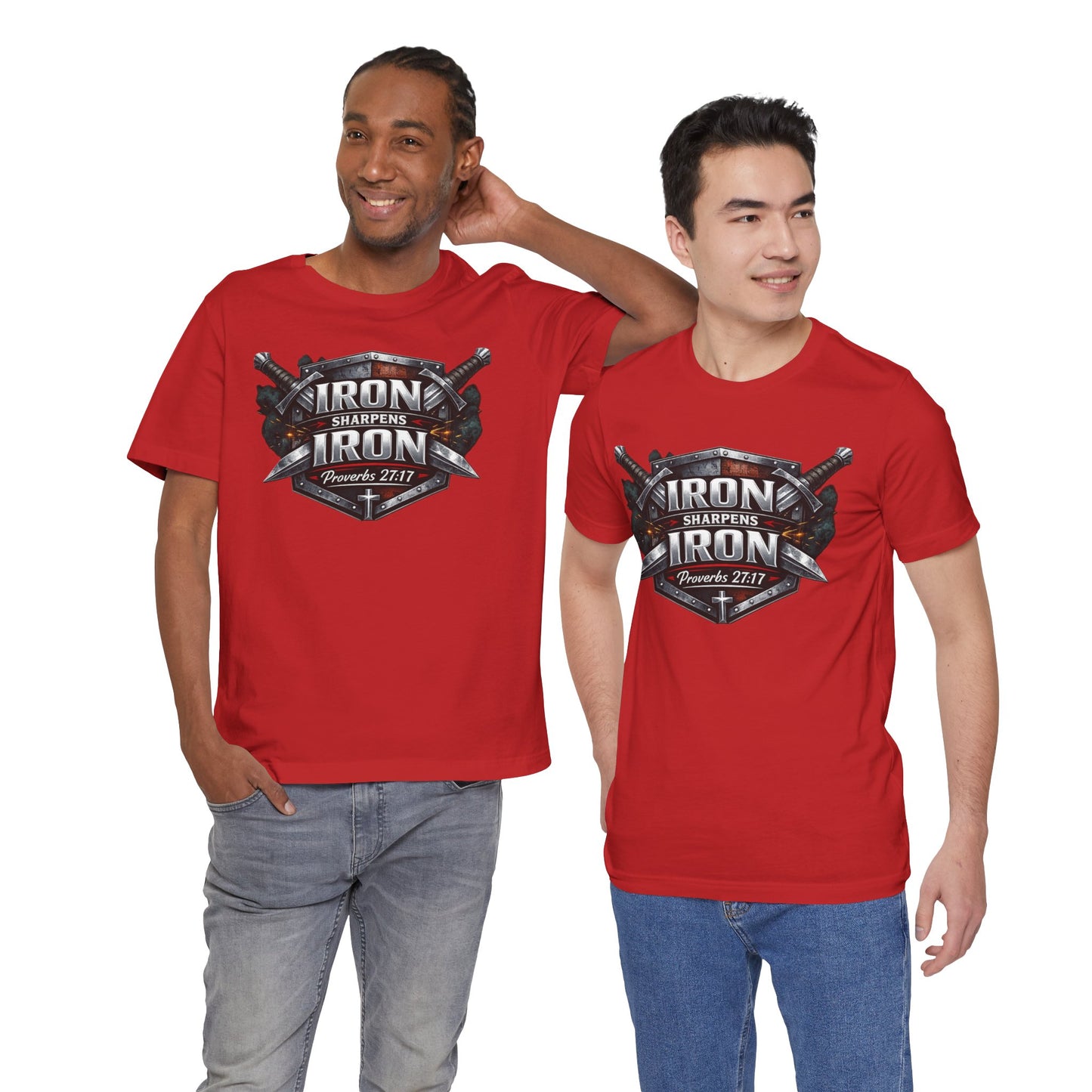 Iron Sharpens Iron T-Shirt — Faith-Based Proverbs 27:17 Graphic Tee