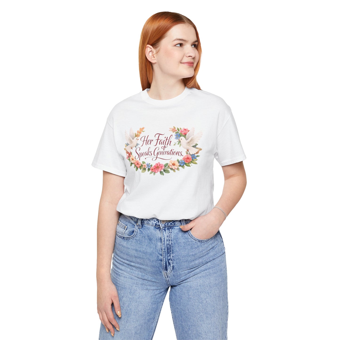Her Faith Speaks Generations T-Shirt — Floral Christian Inspirational Tee