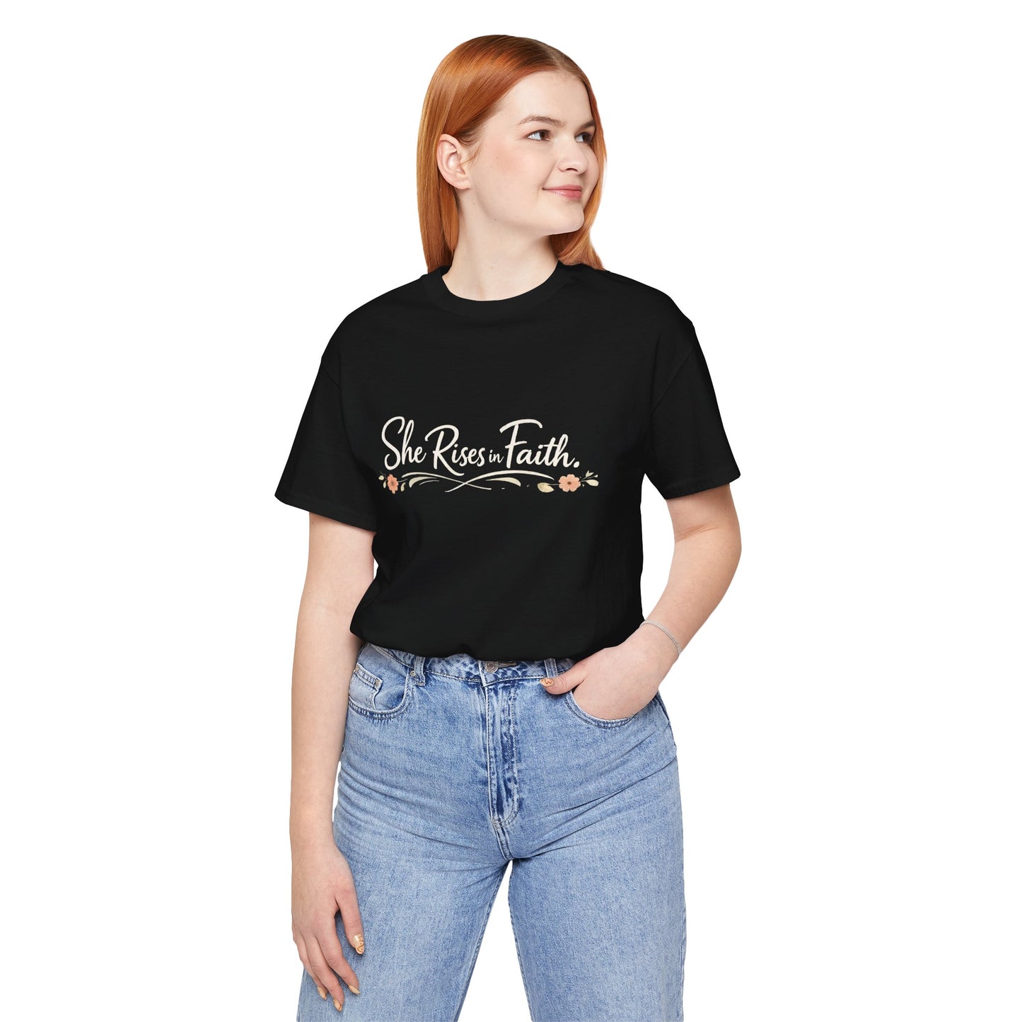 "She Rises In Faith" Chest Tee – Delicate Peach Blossom Graphic