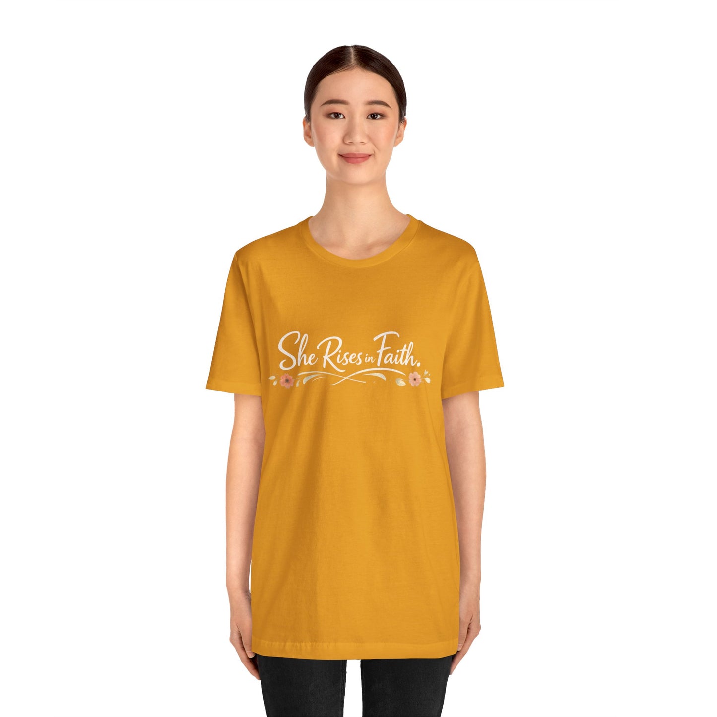 "She Rises In Faith" Chest Tee – Delicate Peach Blossom Graphic