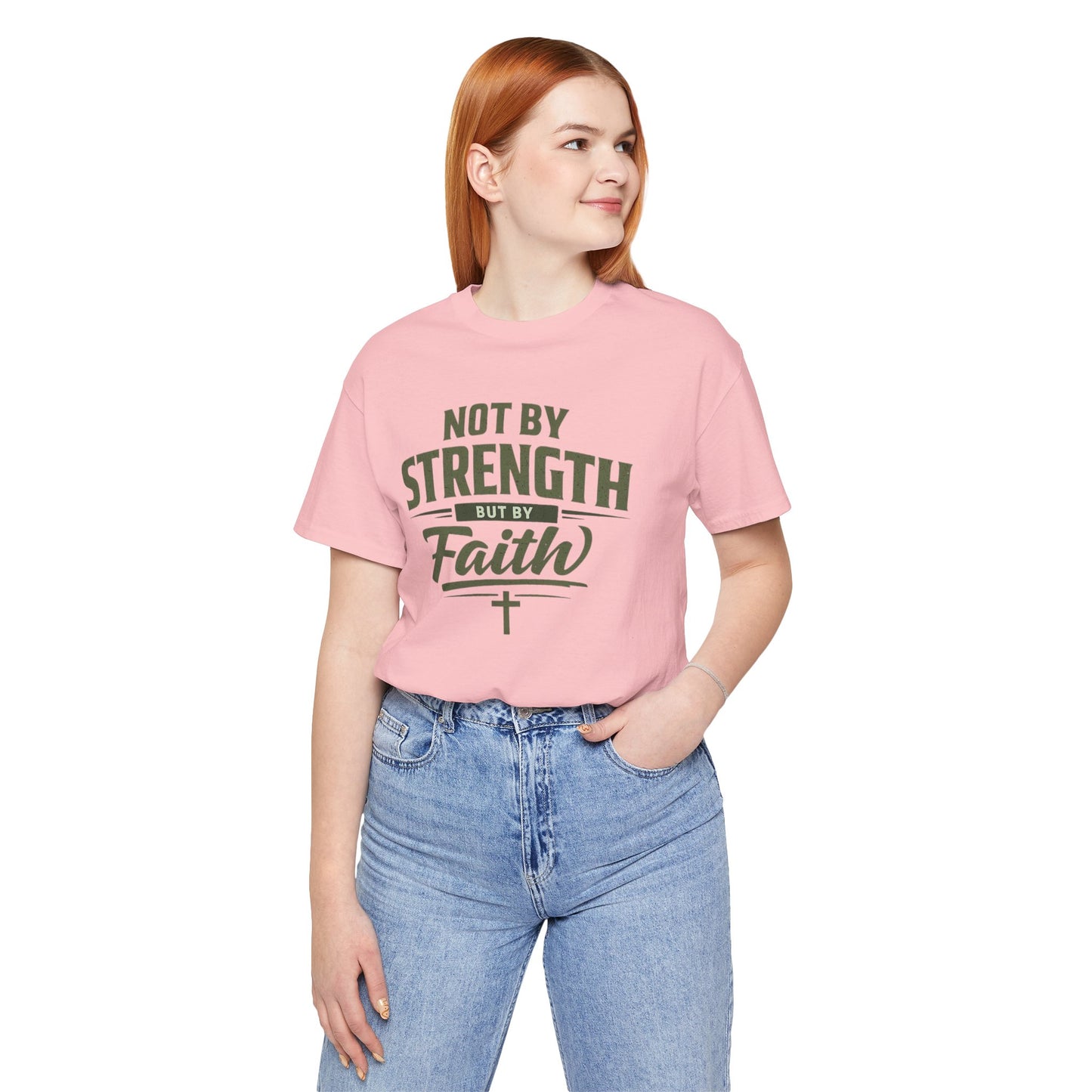 Faith Graphic Tee — "Not By Strength But By Faith" Christian T-Shirt