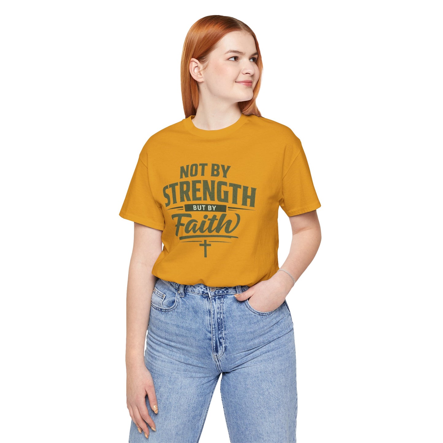 Faith Graphic Tee — "Not By Strength But By Faith" Christian T-Shirt