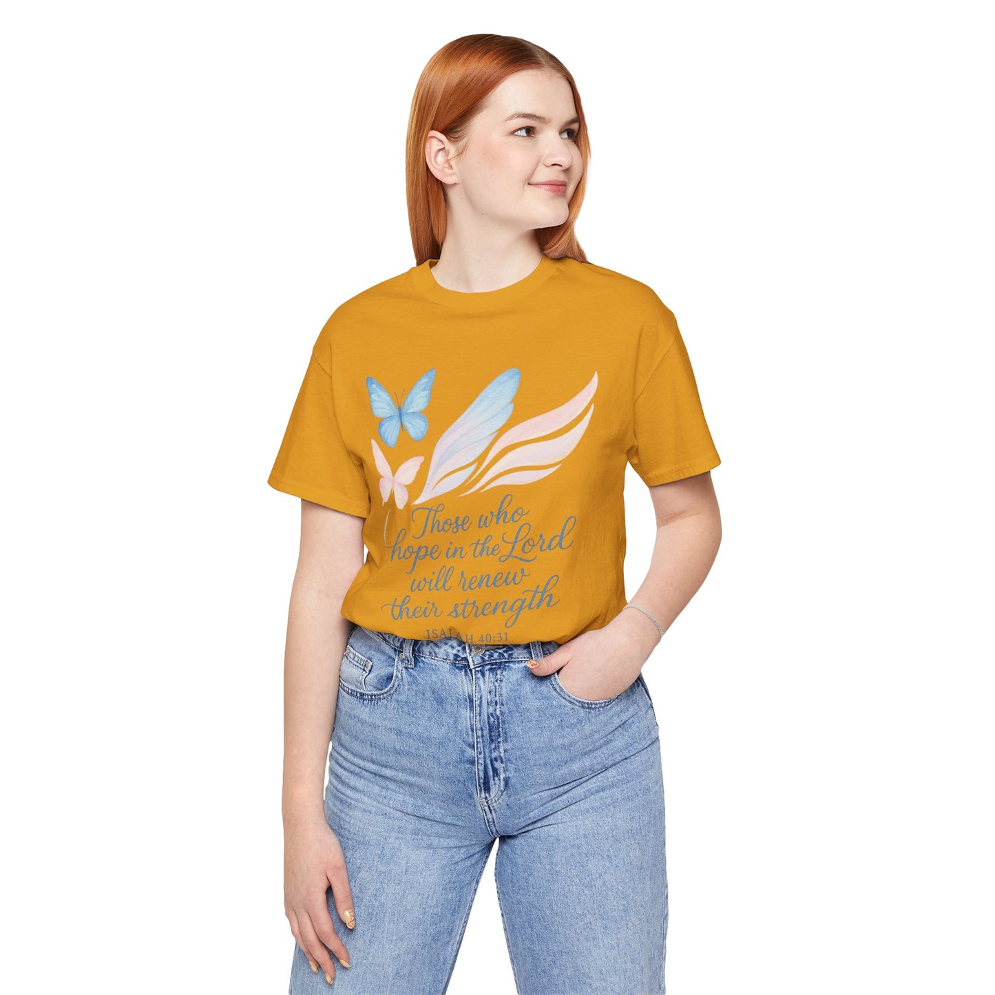 Inspirational Scripture T-Shirt – "Those Who Hope in the Lord" Isaiah 40:31, Pastel Butterflies