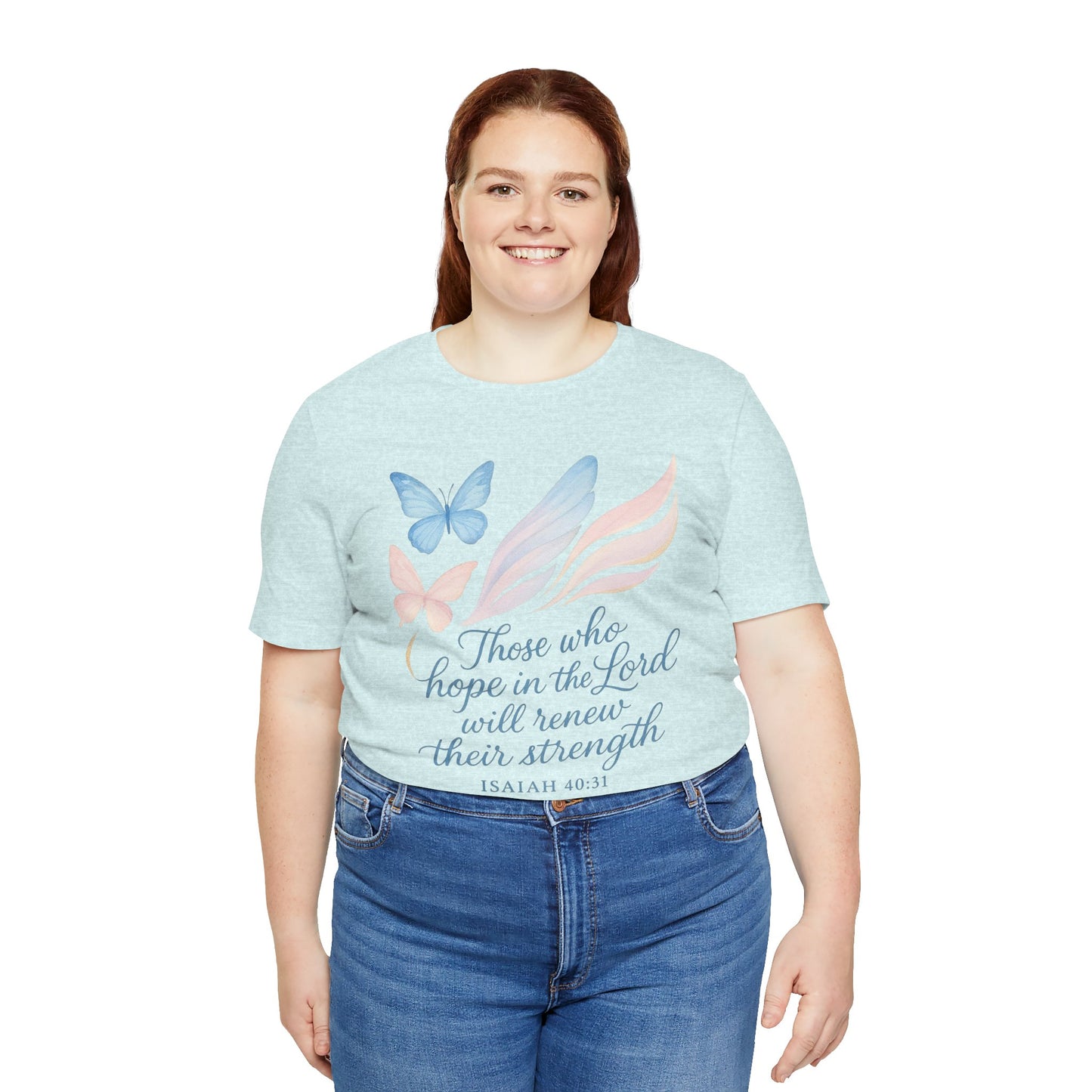 Inspirational Scripture T-Shirt – "Those Who Hope in the Lord" Isaiah 40:31, Pastel Butterflies