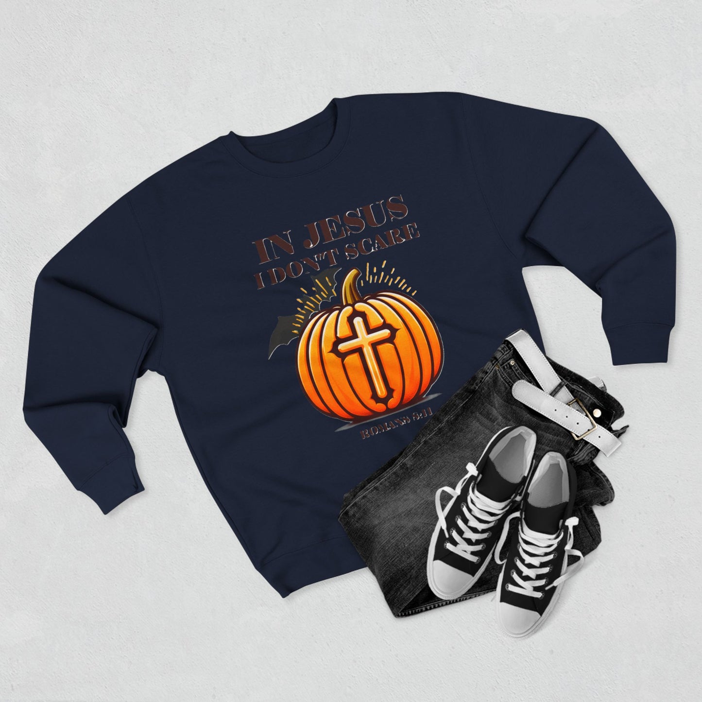 Christian Unisex Crewneck Sweatshirt with Bible Verse Romans 8:11 'IN JESUS I DON'T SCARE'