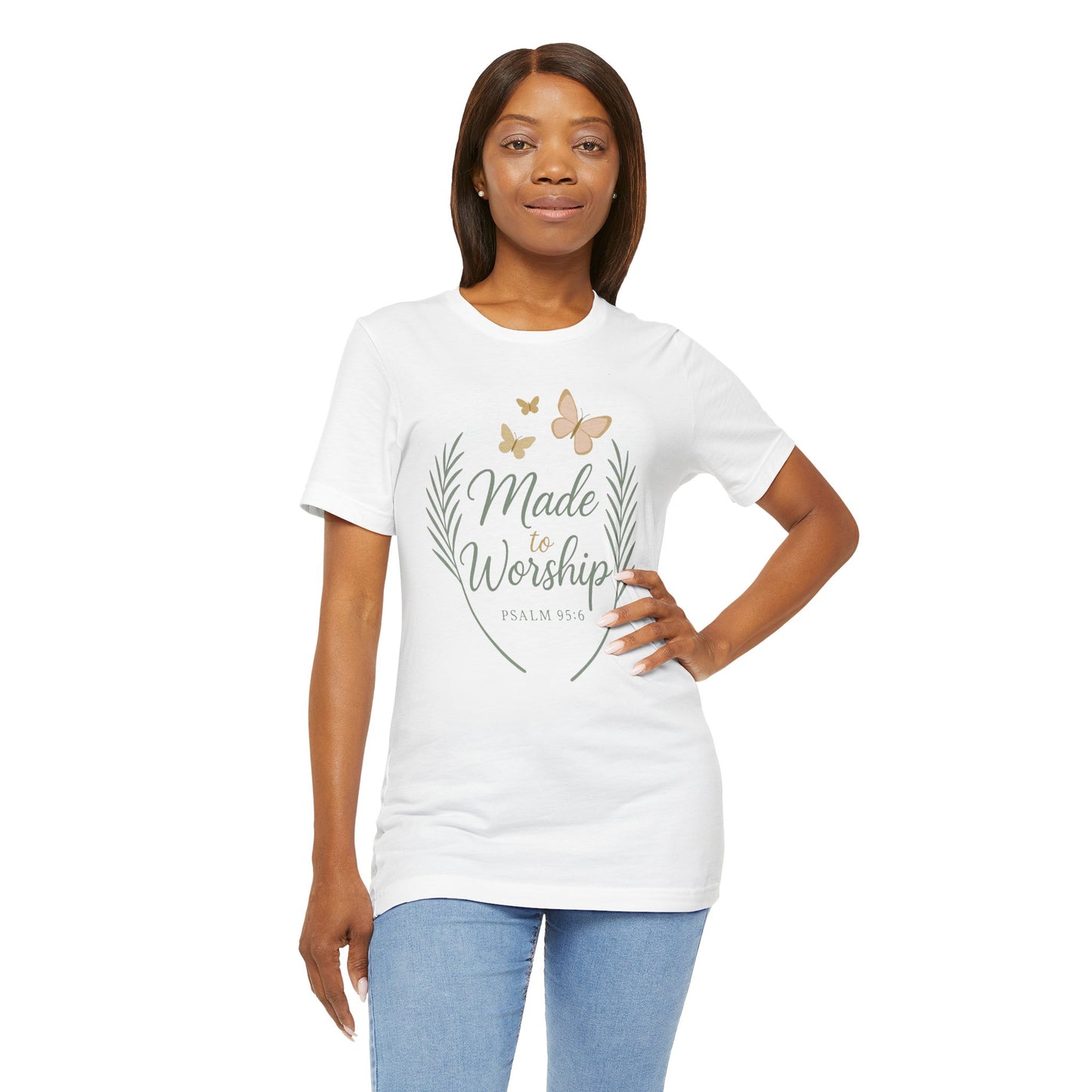 Made to Worship T-Shirt – Psalm 95:6 Christian Faith Tee with Butterflies