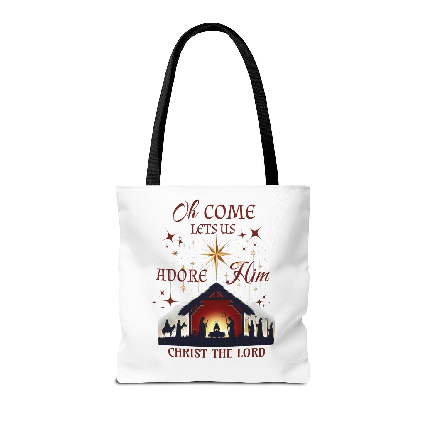 Nativity Scene Tote Bag with 'Oh come let us adore Him, Christ the Lord' Phrase