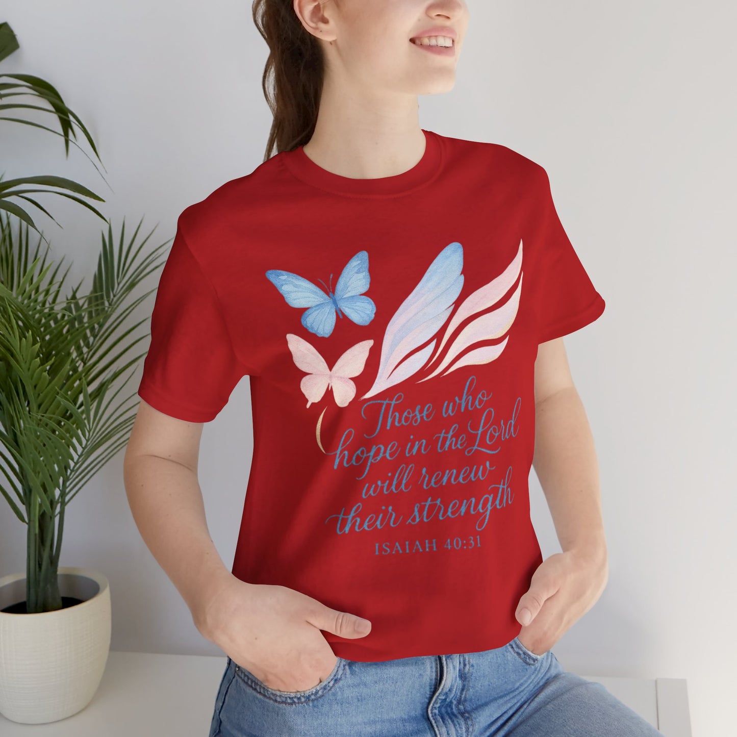 Inspirational Scripture T-Shirt – "Those Who Hope in the Lord" Isaiah 40:31, Pastel Butterflies