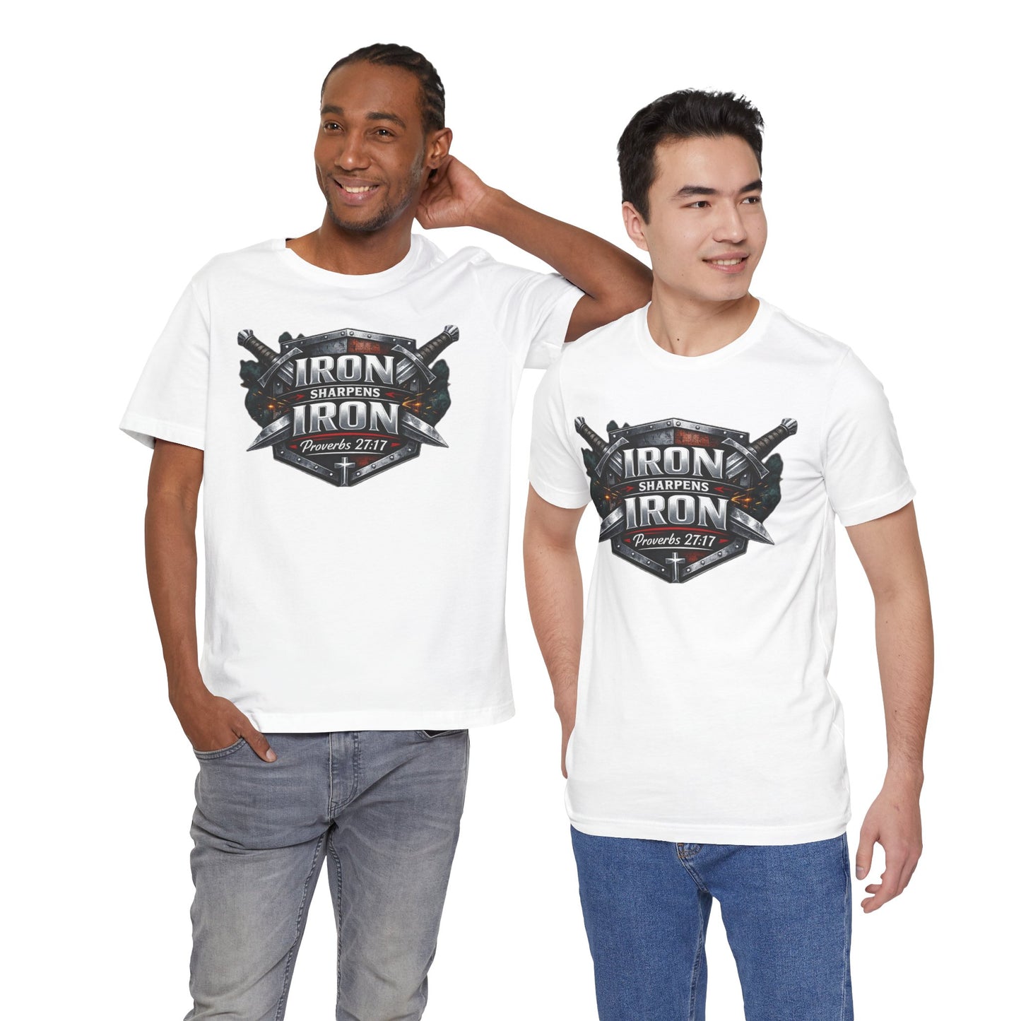 Iron Sharpens Iron T-Shirt — Faith-Based Proverbs 27:17 Graphic Tee