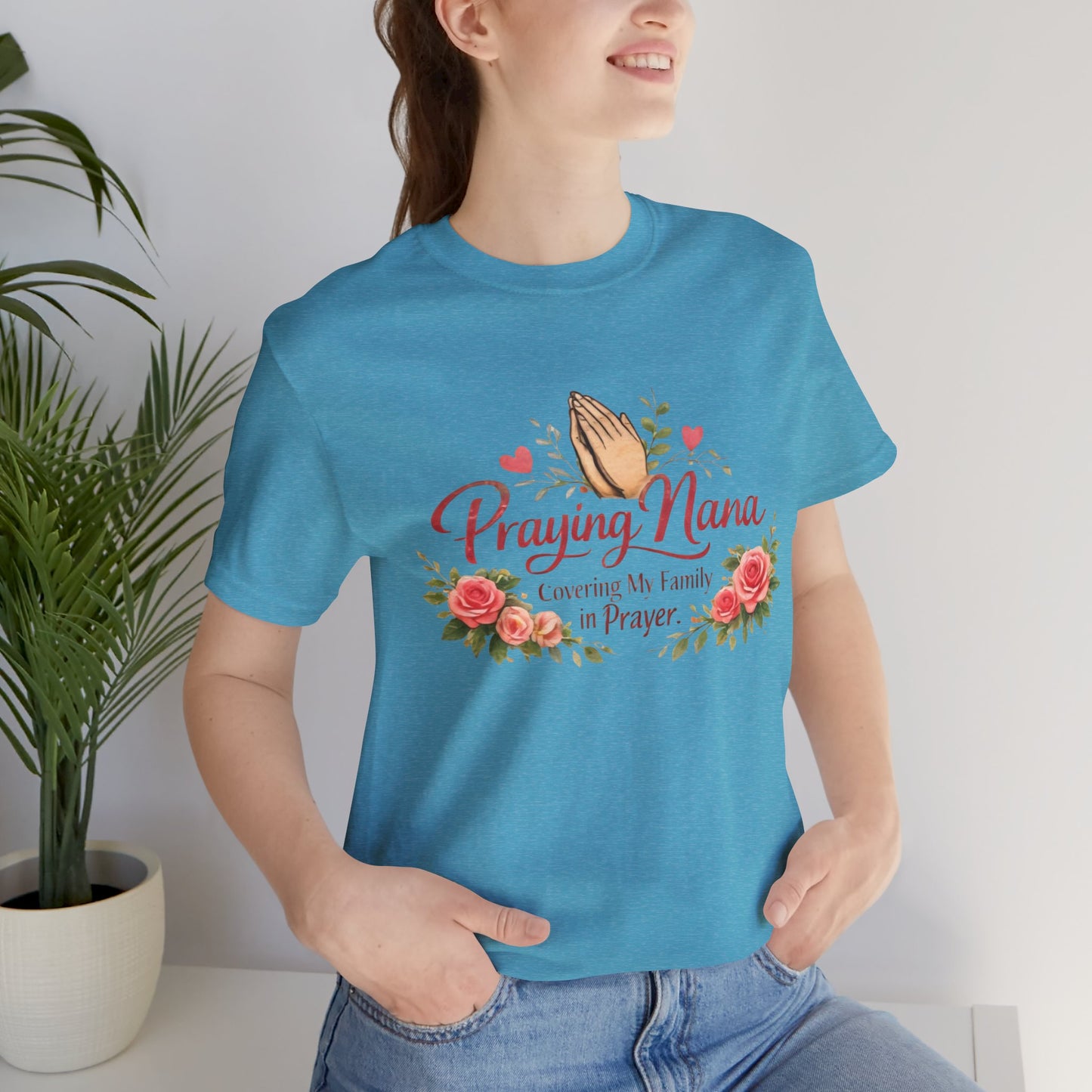 Praying Nana T-Shirt – Floral Praying Hands "Covering My Family in Prayer" Grandma Gift