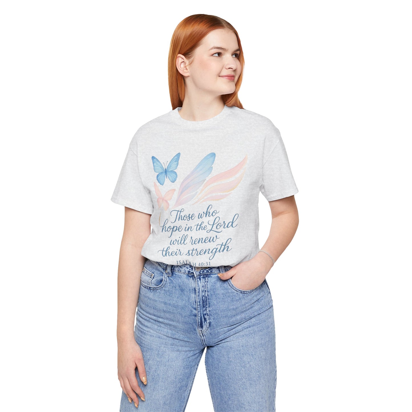 Inspirational Scripture T-Shirt – "Those Who Hope in the Lord" Isaiah 40:31, Pastel Butterflies