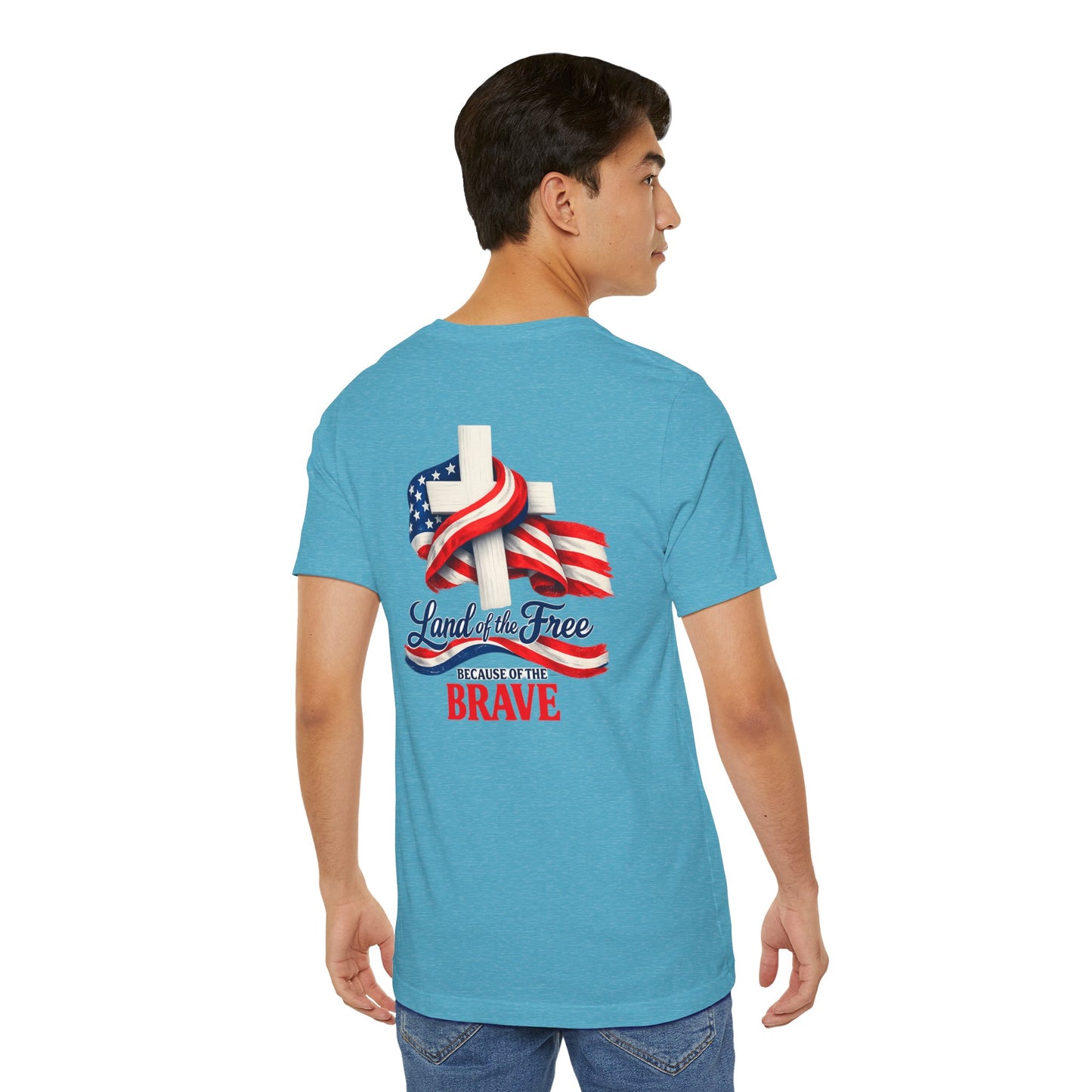 Land of the Free Because of the Brave Tee - Patriotic American Flag Cross T-Shirt