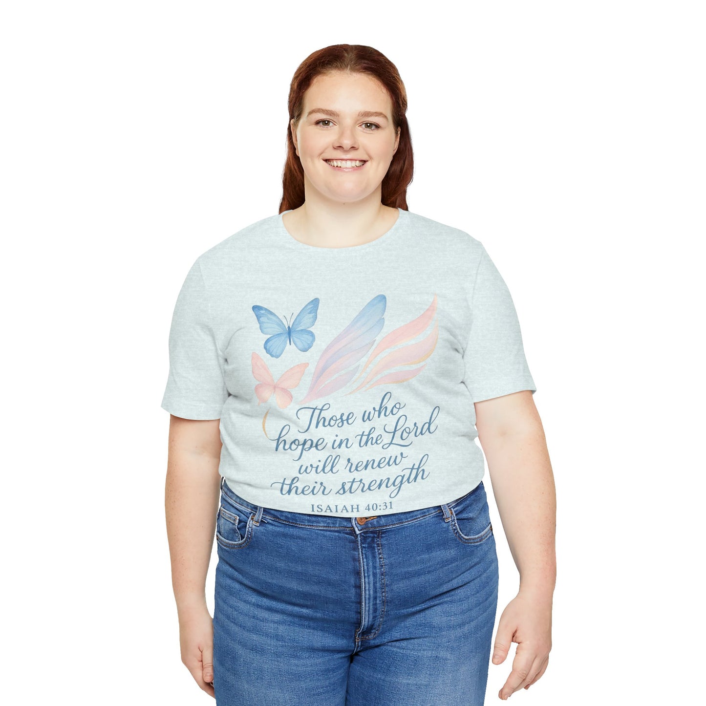 Inspirational Scripture T-Shirt – "Those Who Hope in the Lord" Isaiah 40:31, Pastel Butterflies