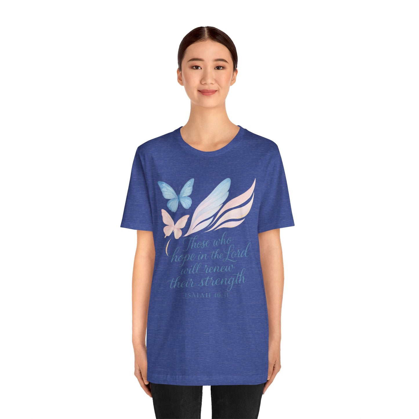 Inspirational Scripture T-Shirt – "Those Who Hope in the Lord" Isaiah 40:31, Pastel Butterflies