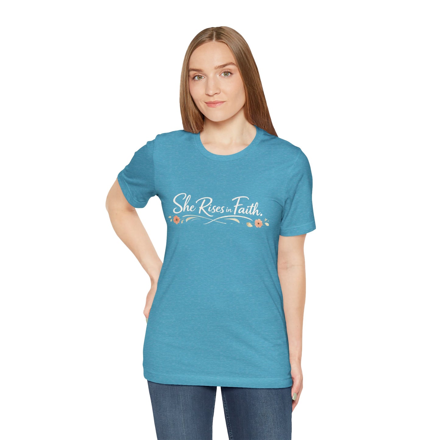 "She Rises In Faith" Chest Tee – Delicate Peach Blossom Graphic