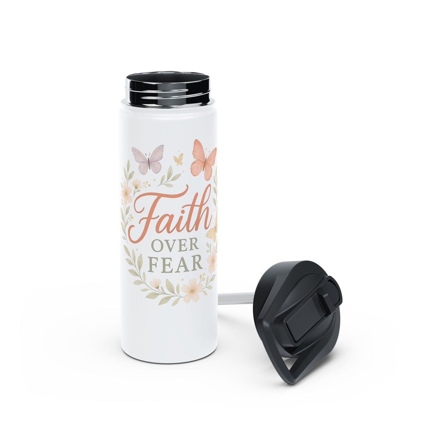 Faith Over Fear Stainless Steel Water Bottle – Inspirational Floral Design