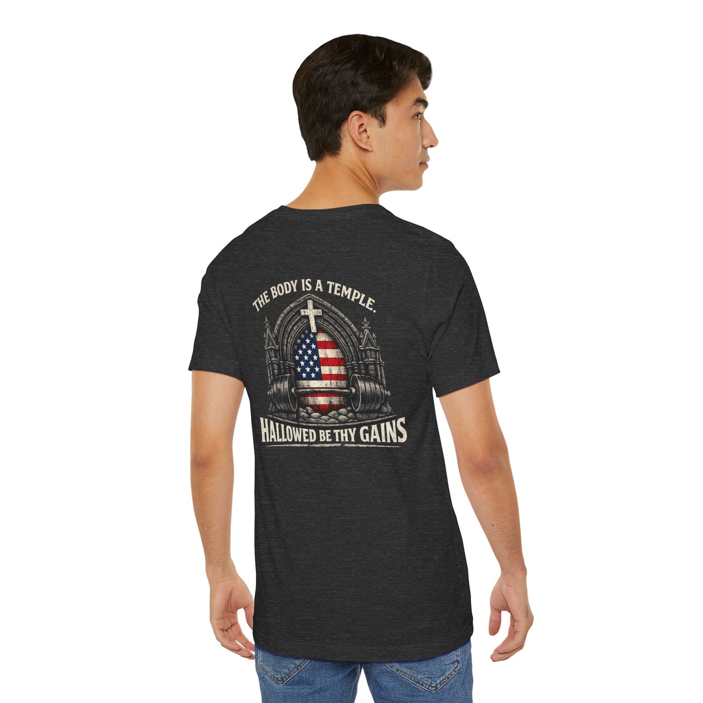 Patriotic Gym Tee — “The Body Is a Temple” American Flag Fitness T-Shirt