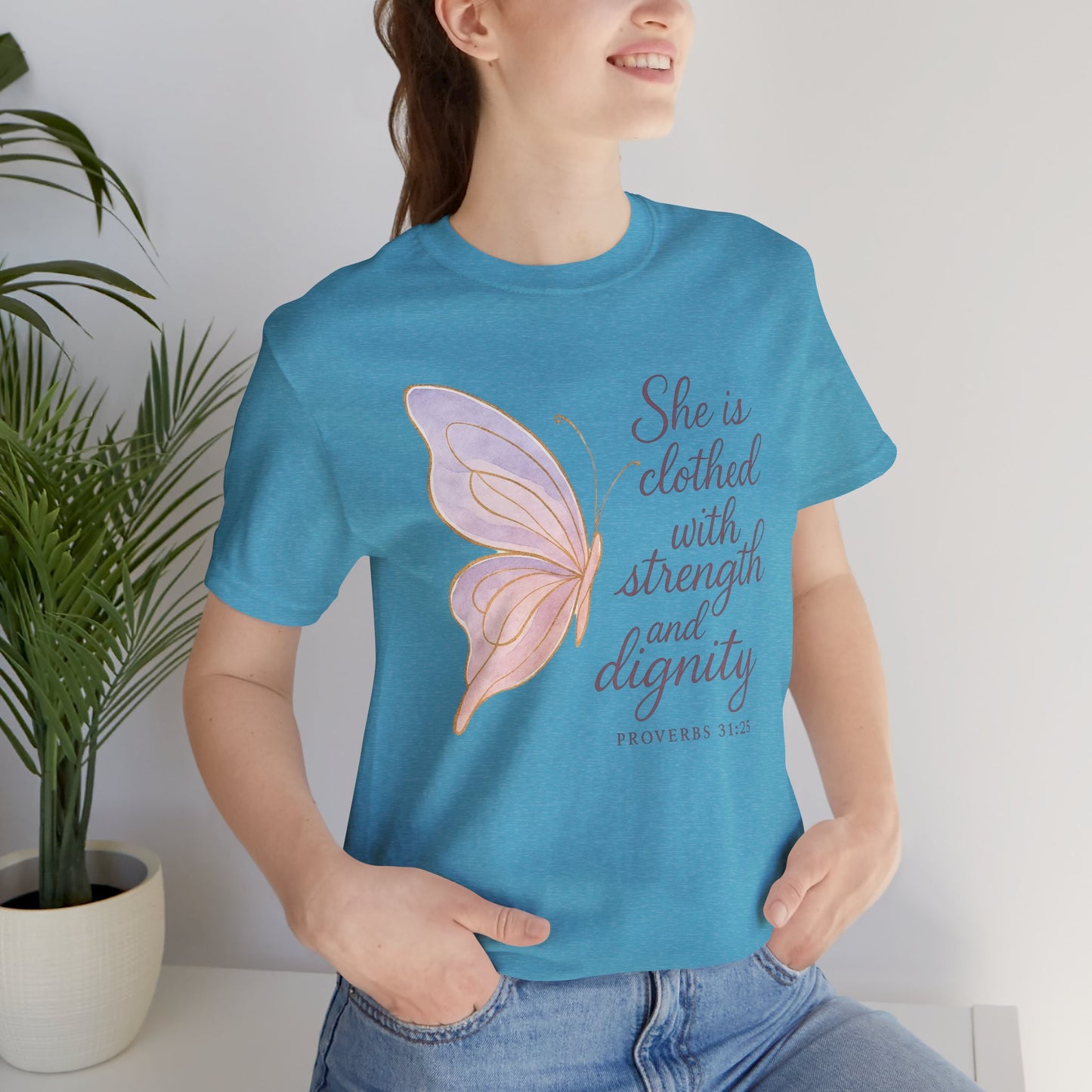 Inspirational "She is clothed with strength and dignity" Butterfly T-Shirt