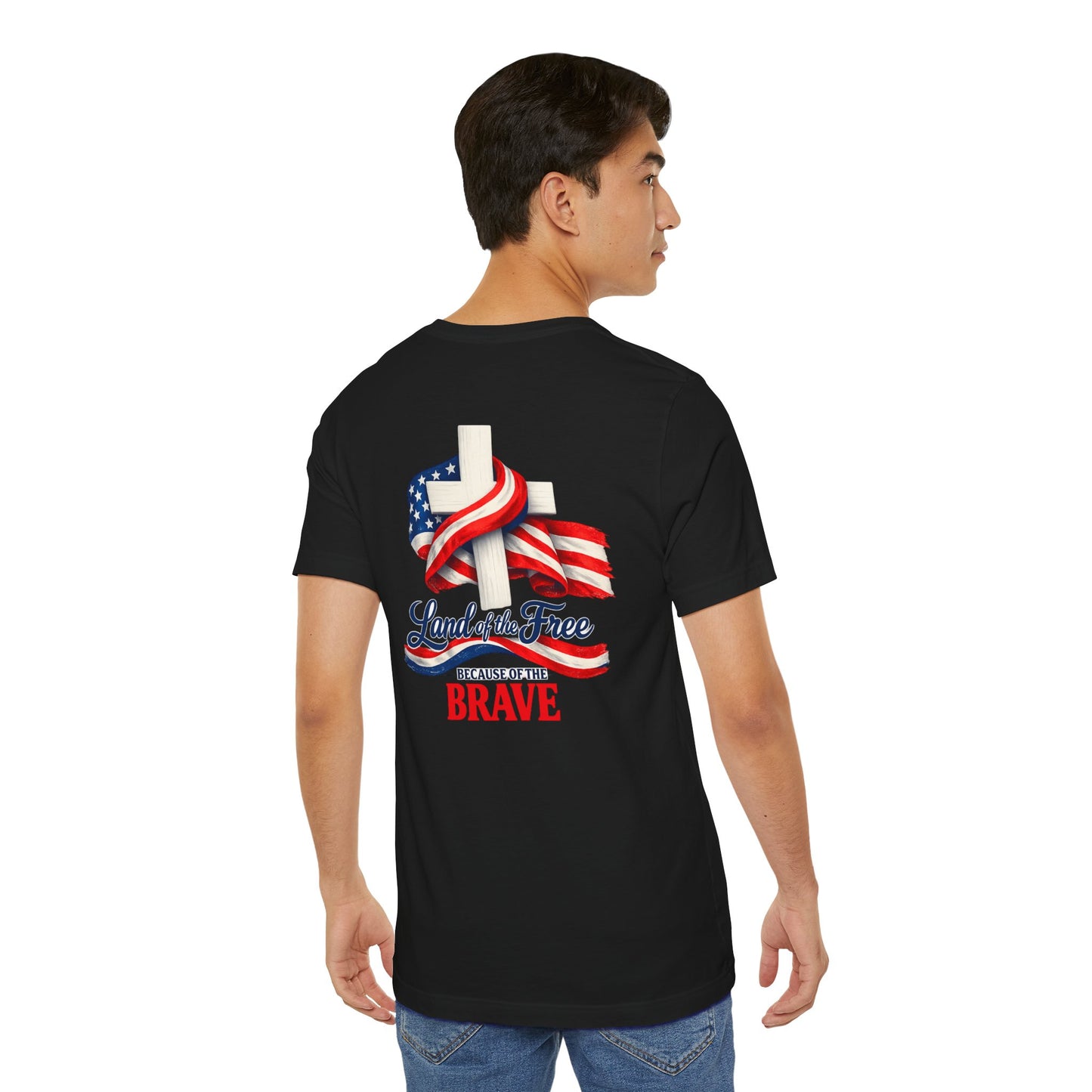 Land of the Free Because of the Brave Tee - Patriotic American Flag Cross T-Shirt