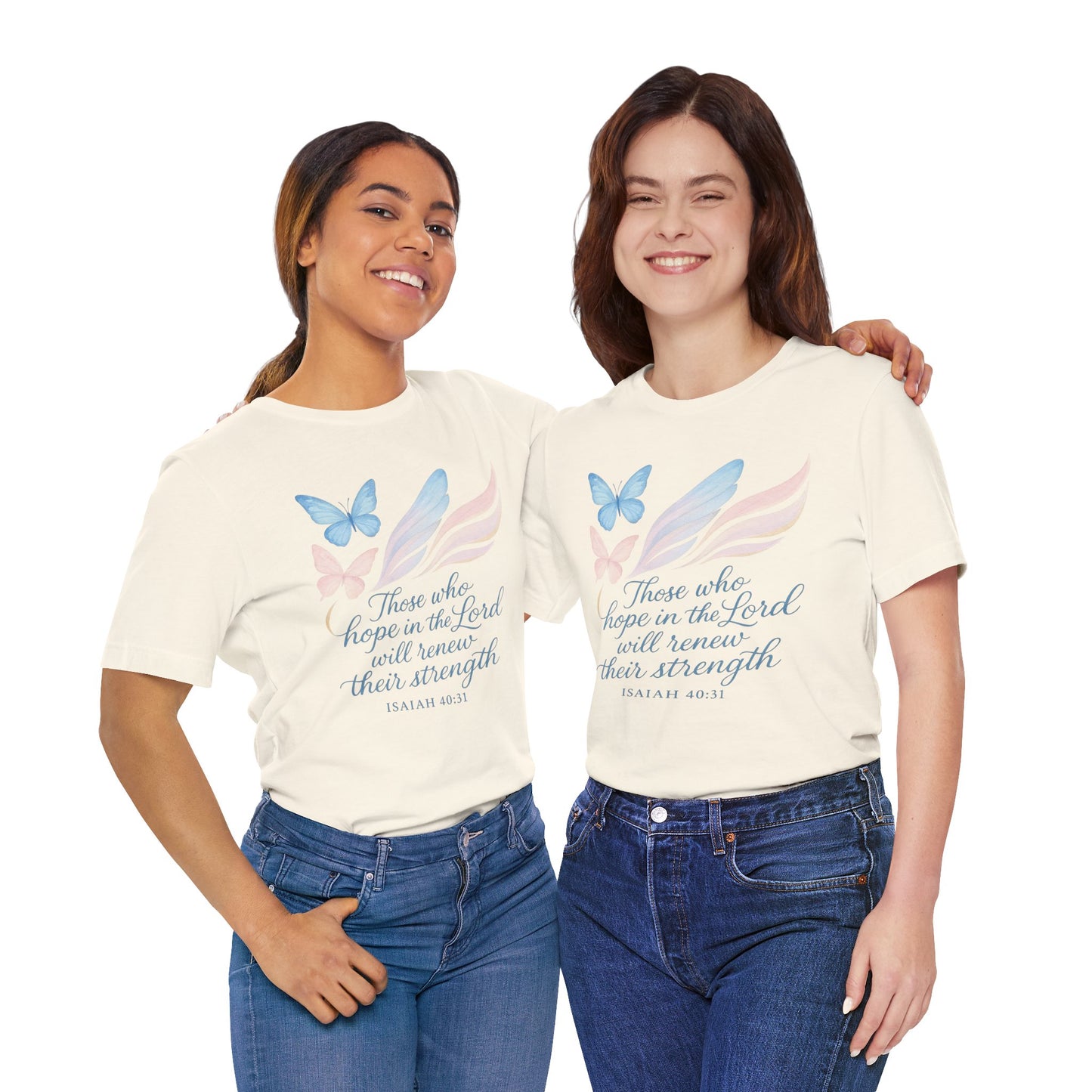 Inspirational Scripture T-Shirt – "Those Who Hope in the Lord" Isaiah 40:31, Pastel Butterflies