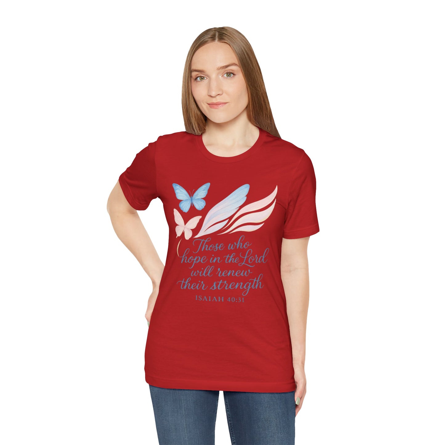 Inspirational Scripture T-Shirt – "Those Who Hope in the Lord" Isaiah 40:31, Pastel Butterflies