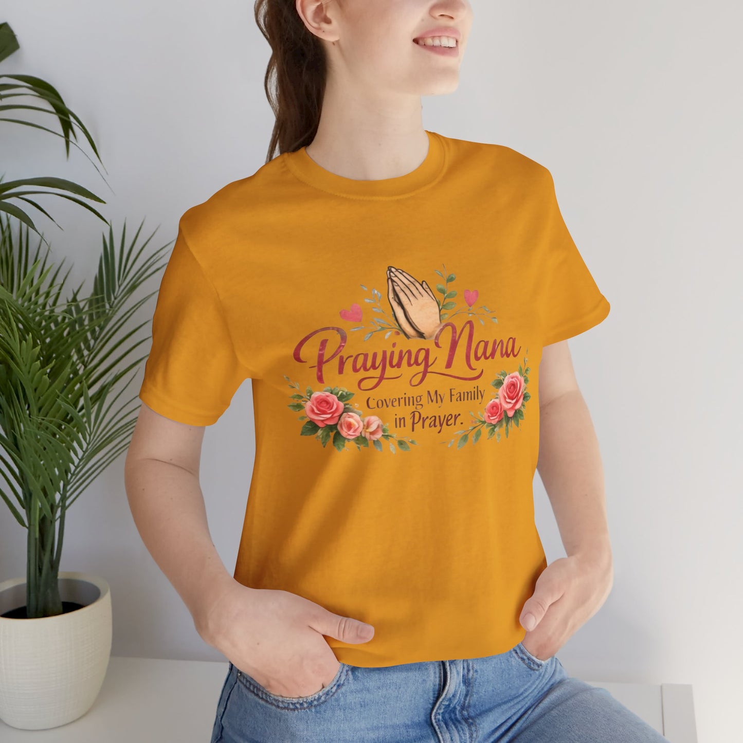 Praying Nana T-Shirt – Floral Praying Hands "Covering My Family in Prayer" Grandma Gift