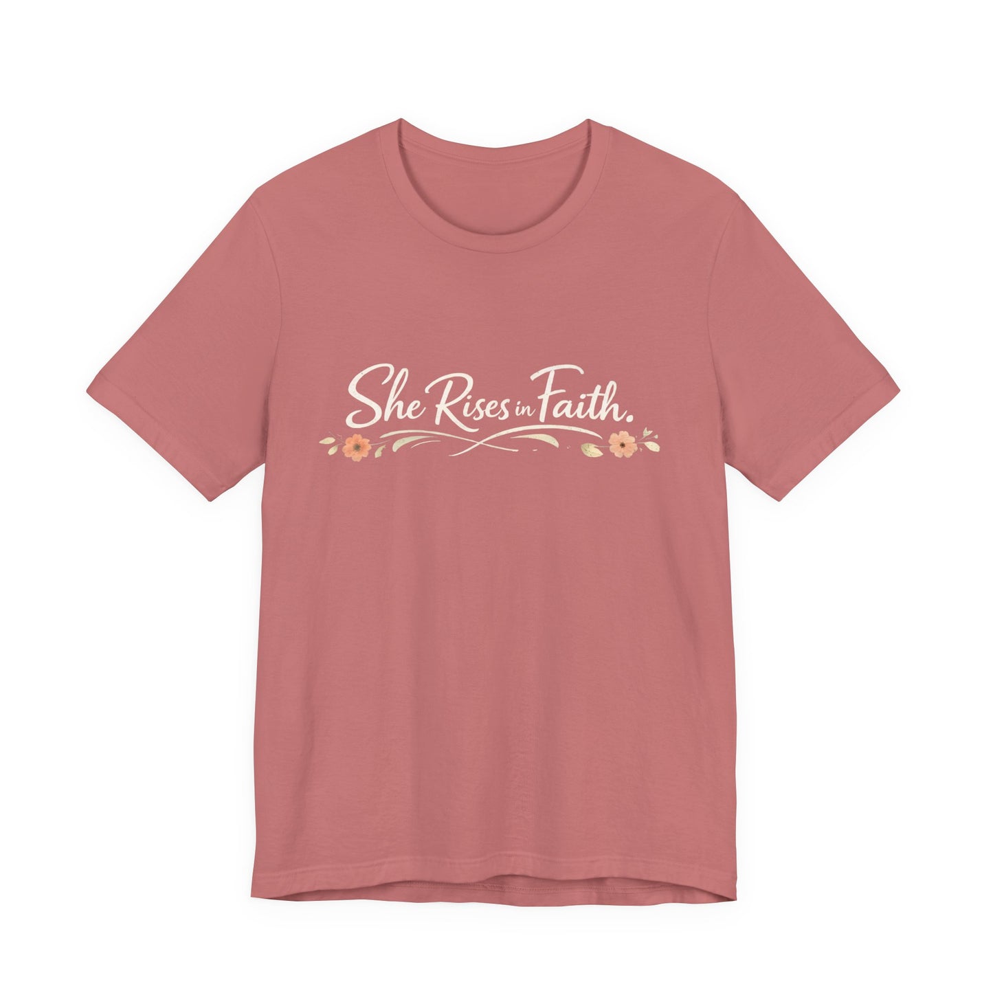 "She Rises In Faith" Chest Tee – Delicate Peach Blossom Graphic