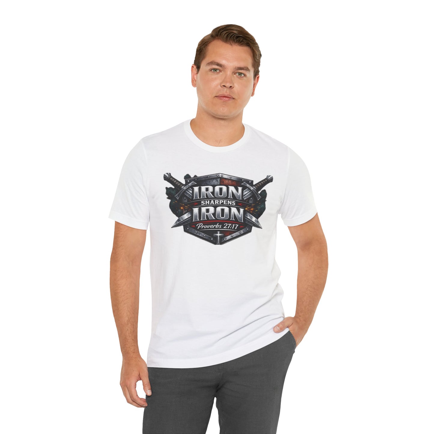 Iron Sharpens Iron T-Shirt — Faith-Based Proverbs 27:17 Graphic Tee