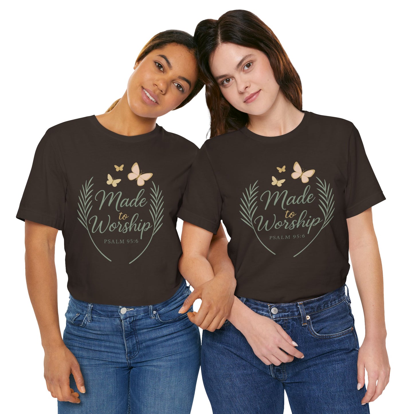Made to Worship T-Shirt – Psalm 95:6 Christian Faith Tee with Butterflies