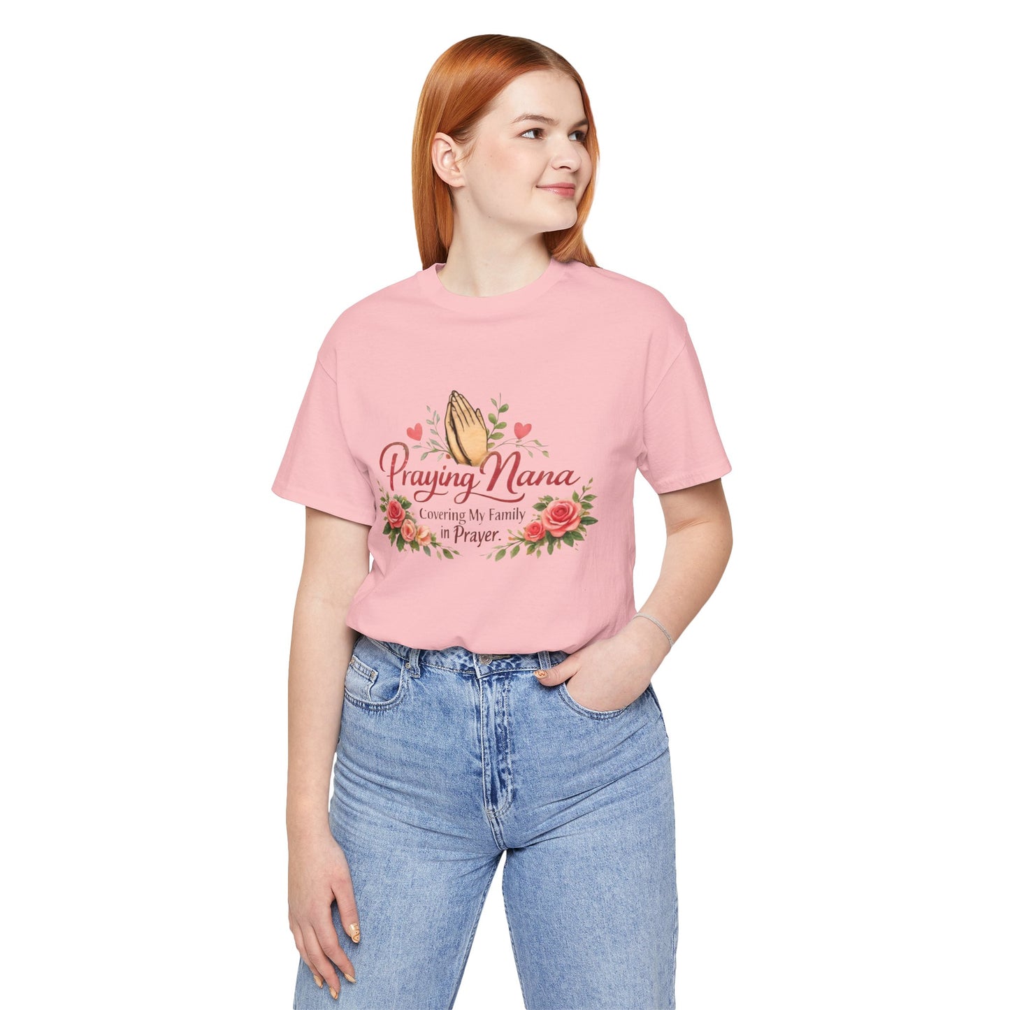 Praying Nana T-Shirt – Floral Praying Hands "Covering My Family in Prayer" Grandma Gift