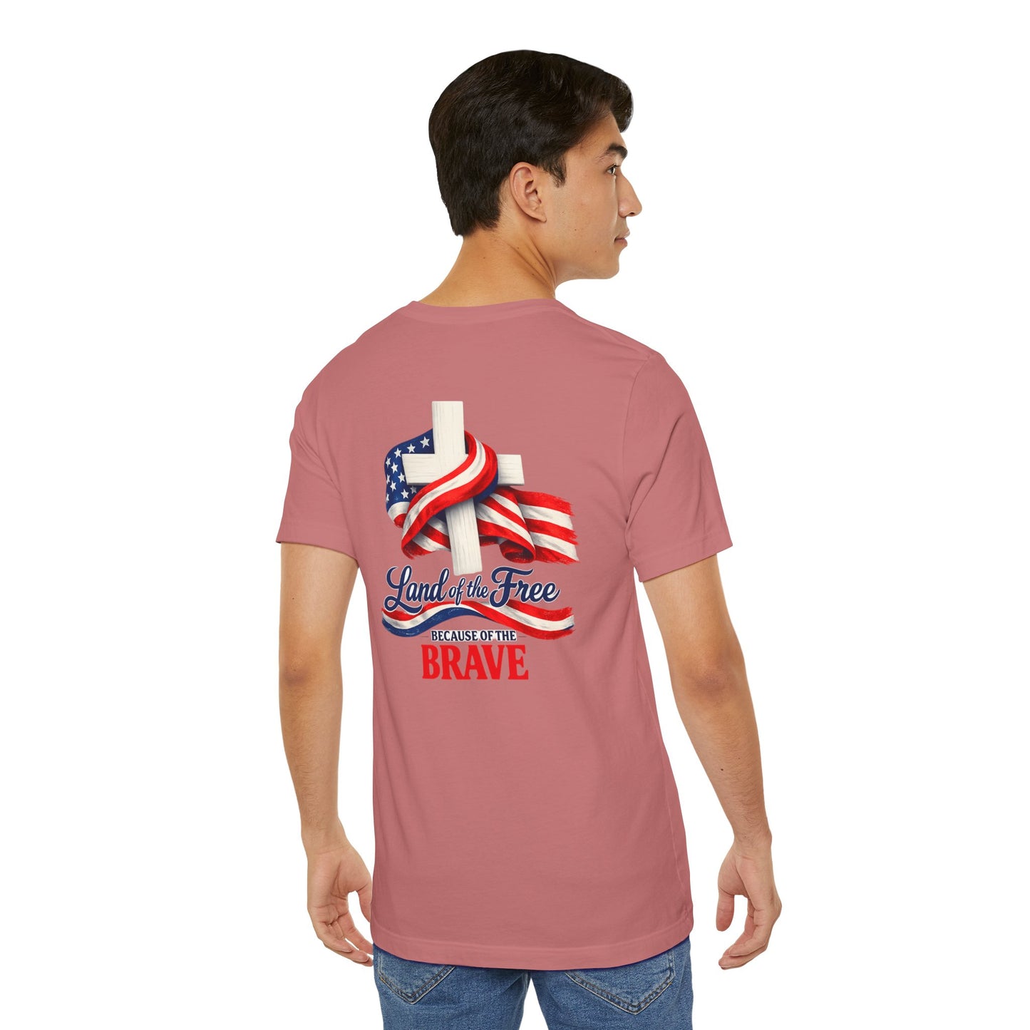 Land of the Free Because of the Brave Tee - Patriotic American Flag Cross T-Shirt