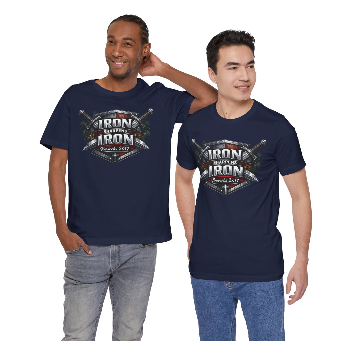 Iron Sharpens Iron T-Shirt — Faith-Based Proverbs 27:17 Graphic Tee
