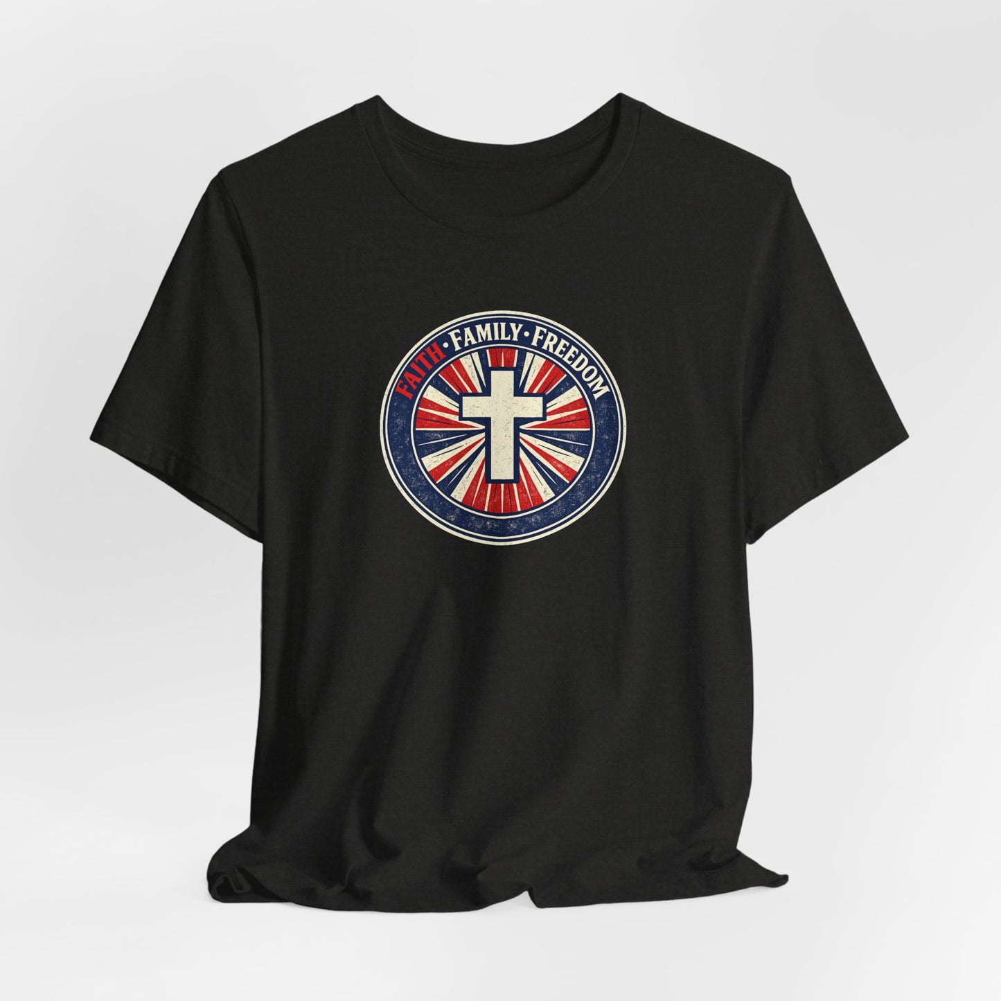 Faith Family Freedom T‑Shirt — Cross Emblem Patriotic Graphic Tee